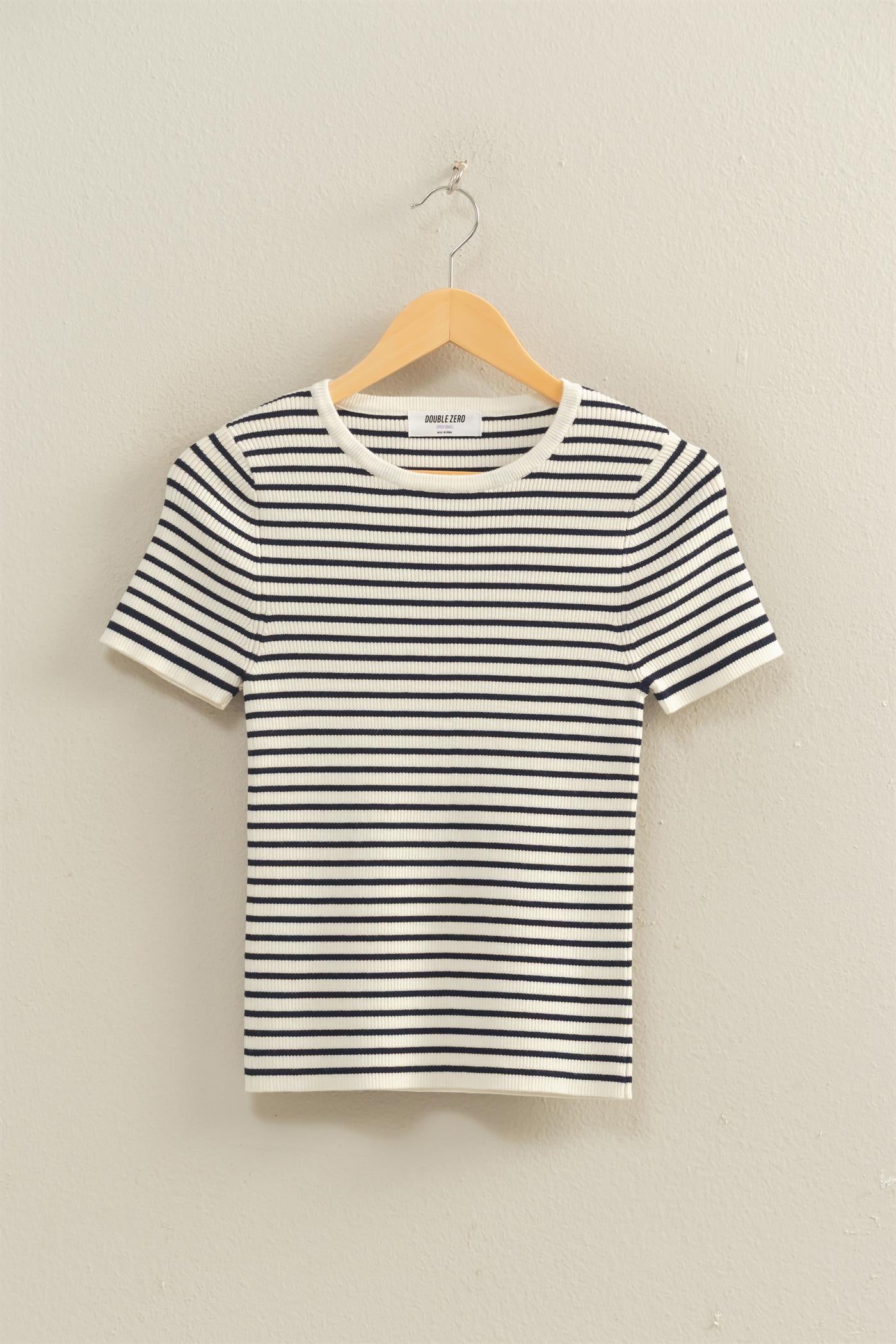 Wholesale Striped Ribbed Short Sleeve Crew Neck Knit Top Clothing Tops DZ26A450 NAVY DOUBLE ZERO