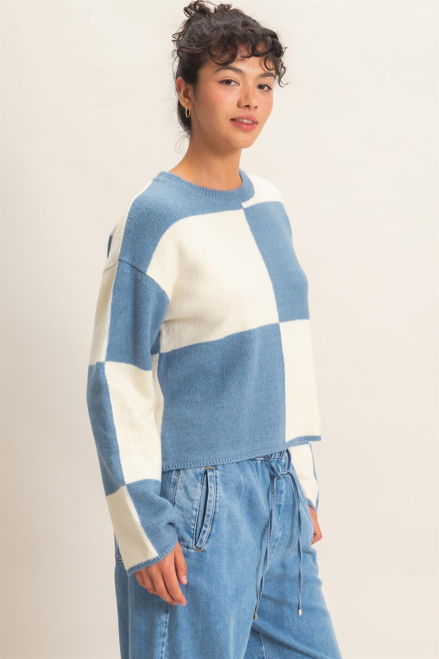 Wholesale Crew Neck Checkered Sweater Sweaters DZ26C980 DUSTY BLUE DOUBLE ZERO
