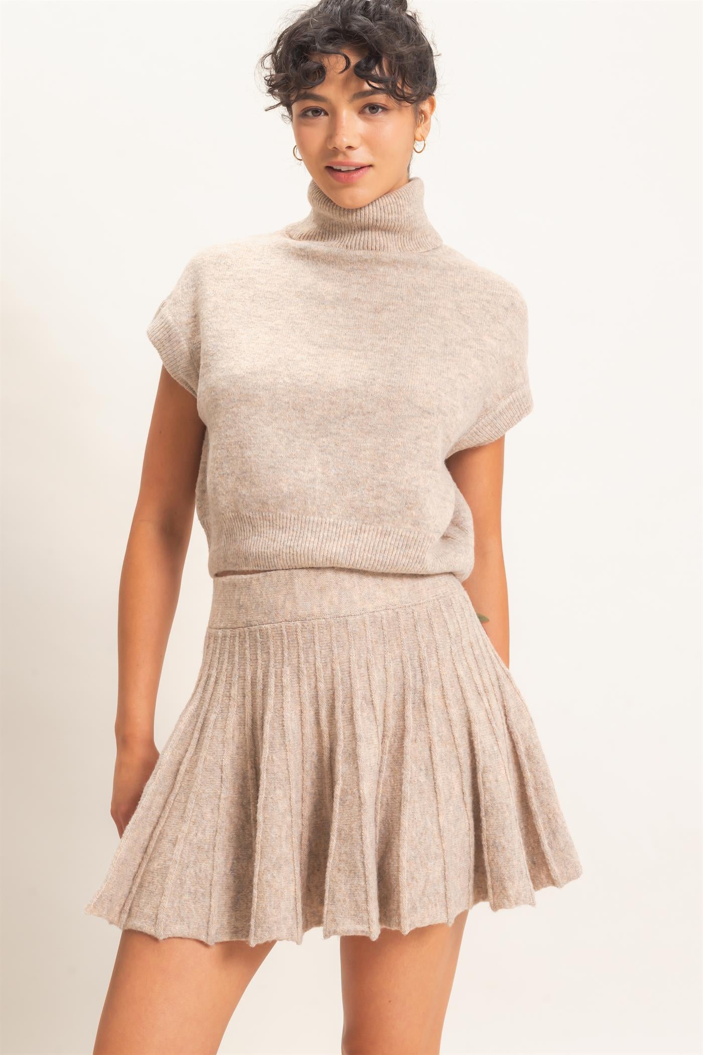 Wholesale Turtleneck Crop Top And Pleated Skirt Set Clothing DZ26C981-SET DARK TAUPE DOUBLE ZERO
