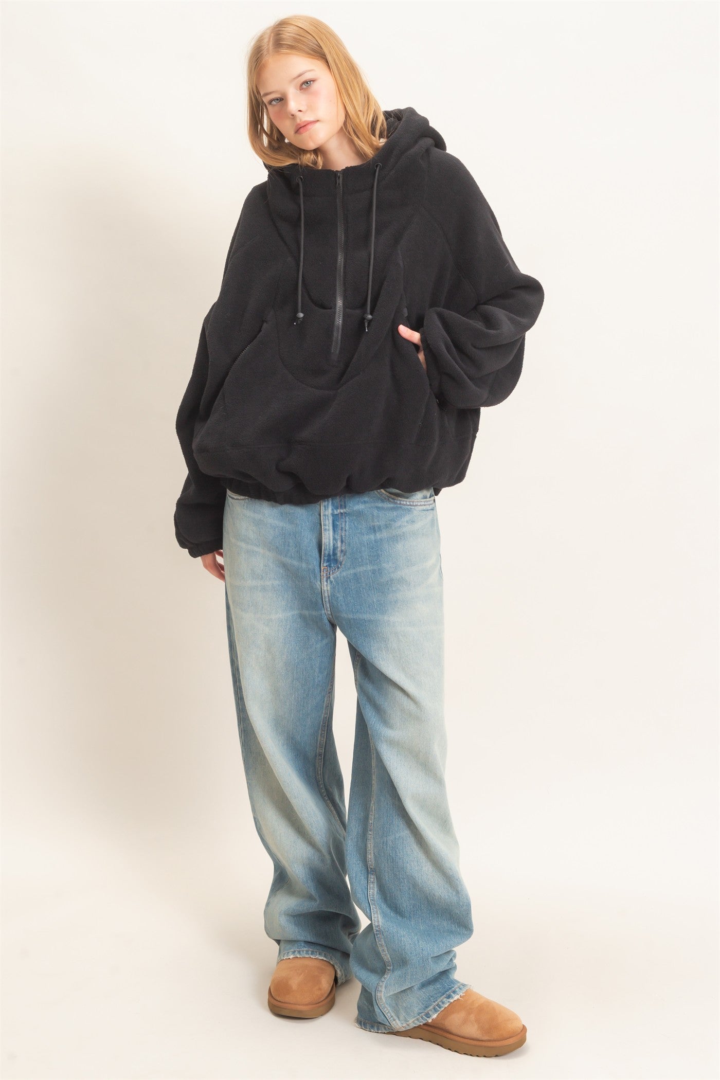 Wholesale Half-Zip Fleece Hoodie Hoodies HF26E561 BLACK HYFVE