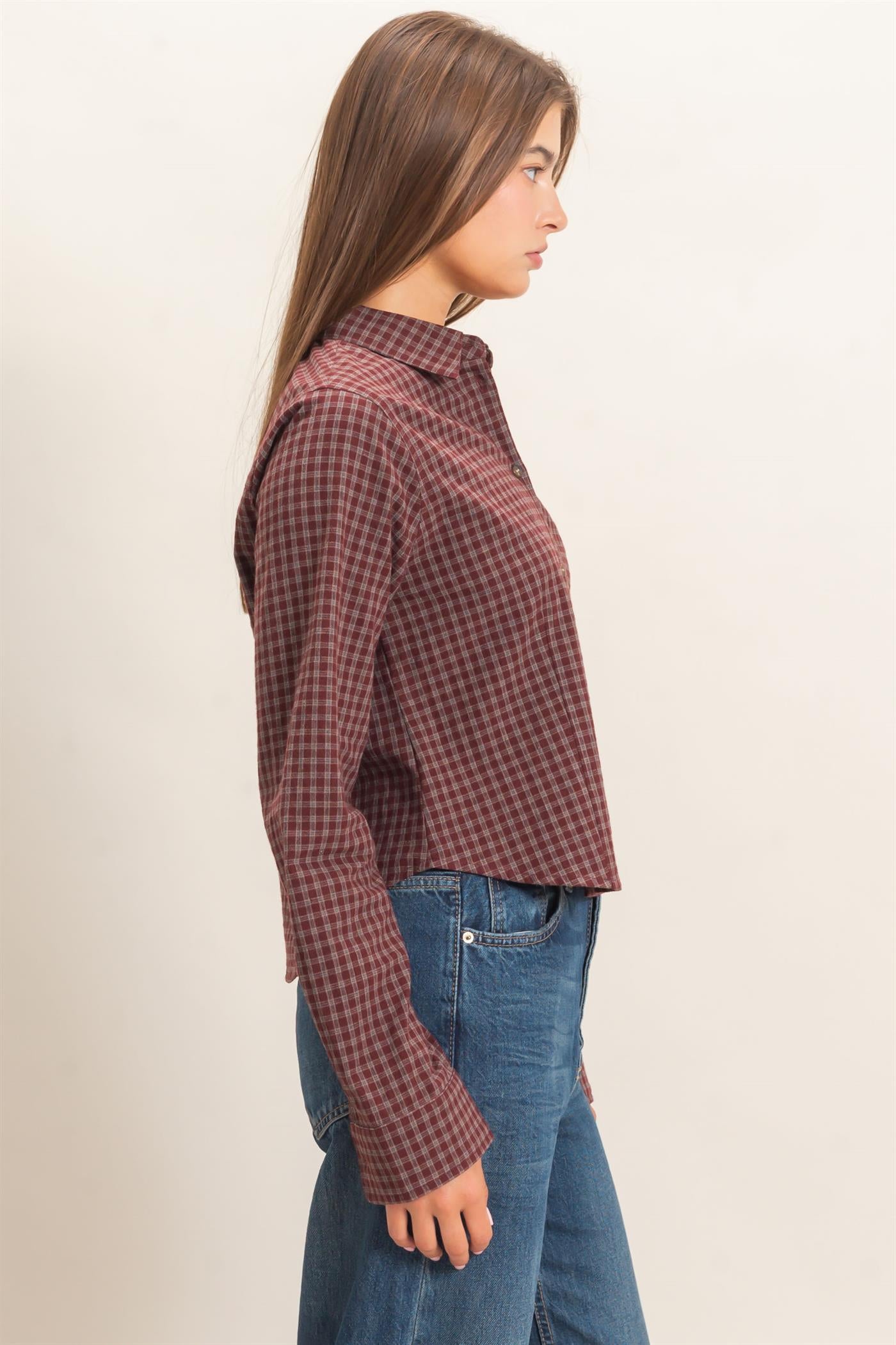 Wholesale Plaid Long Sleeve Shirt Shirts DZ26E910 BURGUNDY DOUBLE ZERO