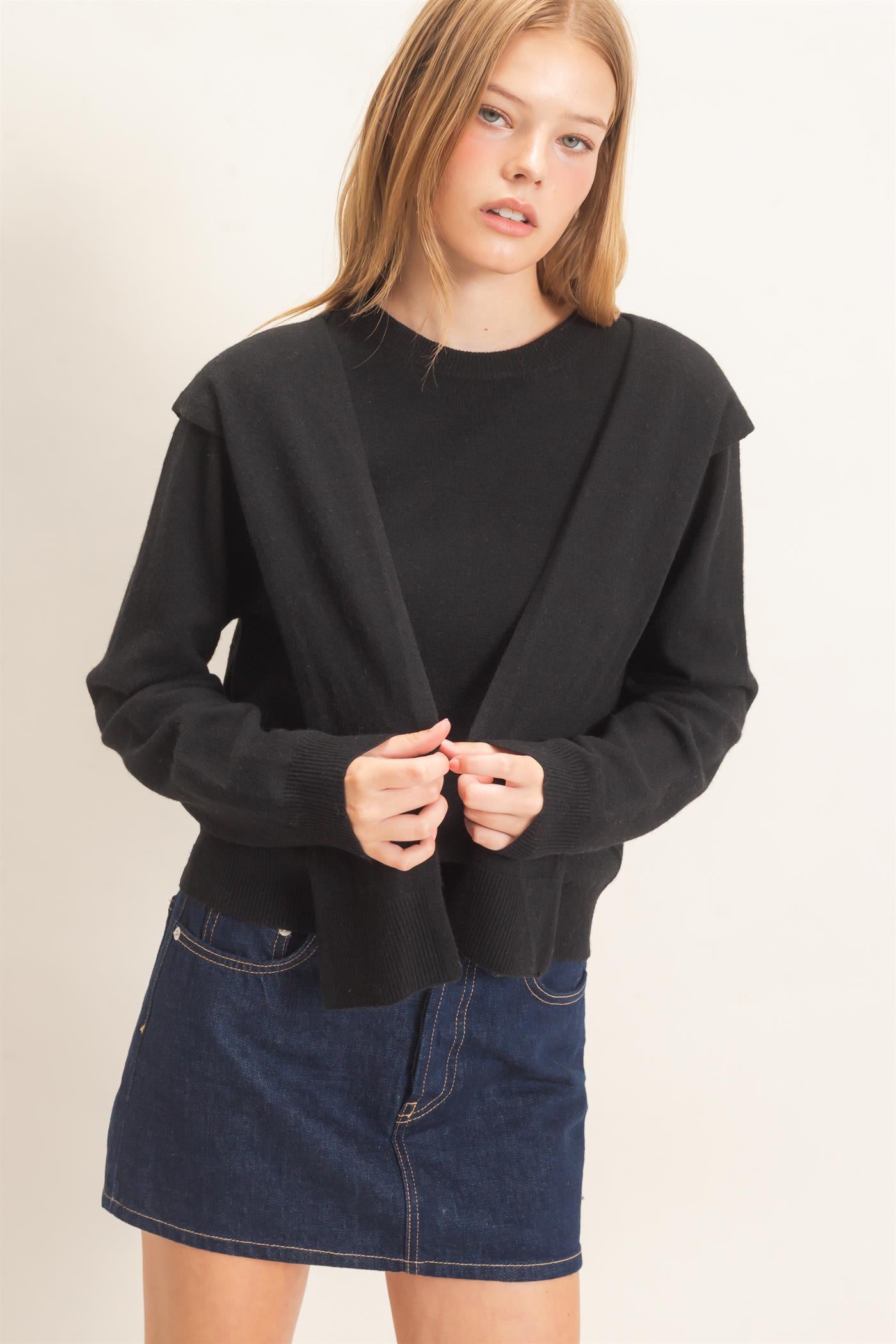 Wholesale Crew Neck Sweater With Faux Wrap Sweaters HF26E698 BLACK HYFVE