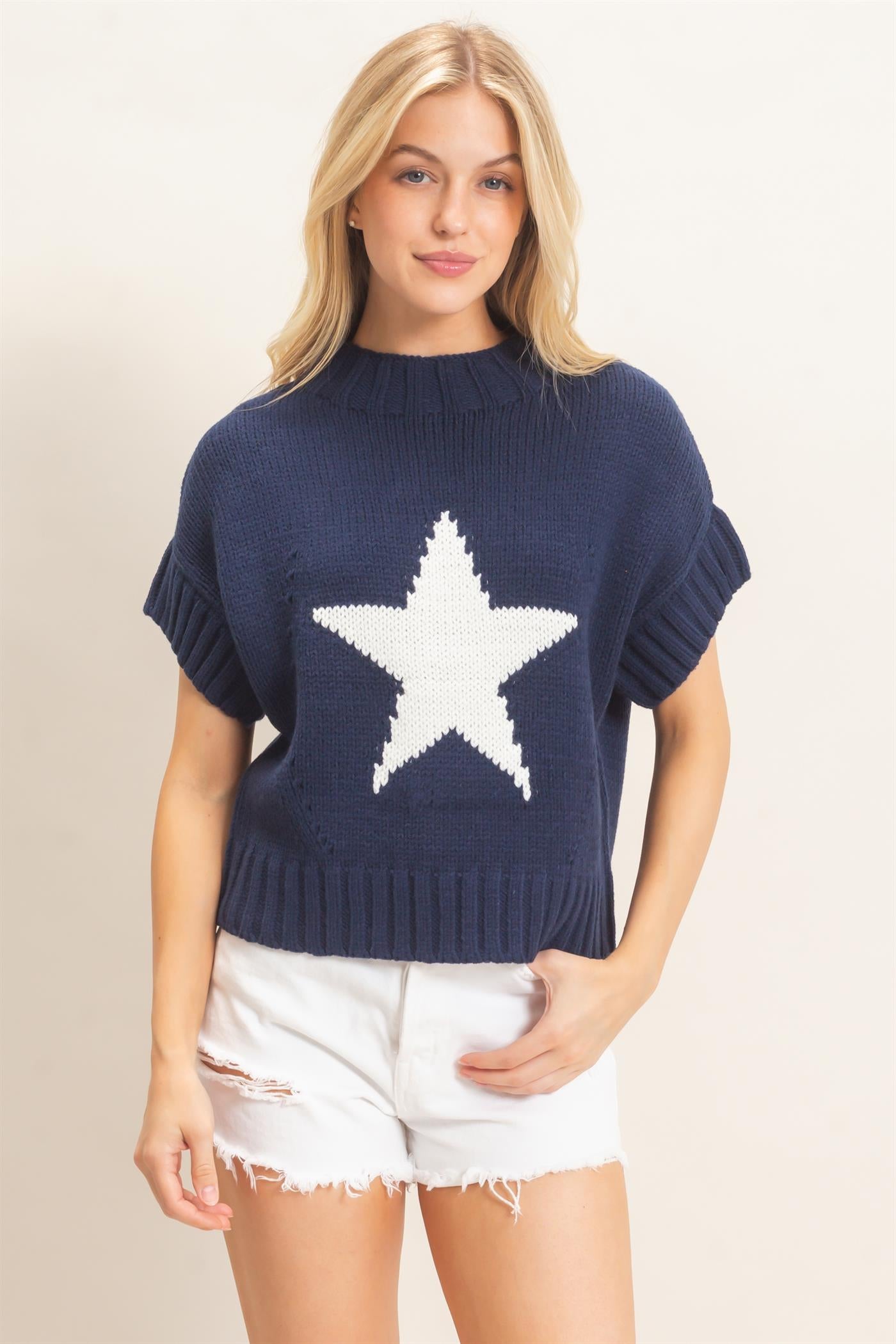 Wholesale Star Pattern Ribbed Sweater Sweaters HF26E051 NAVY HYFVE