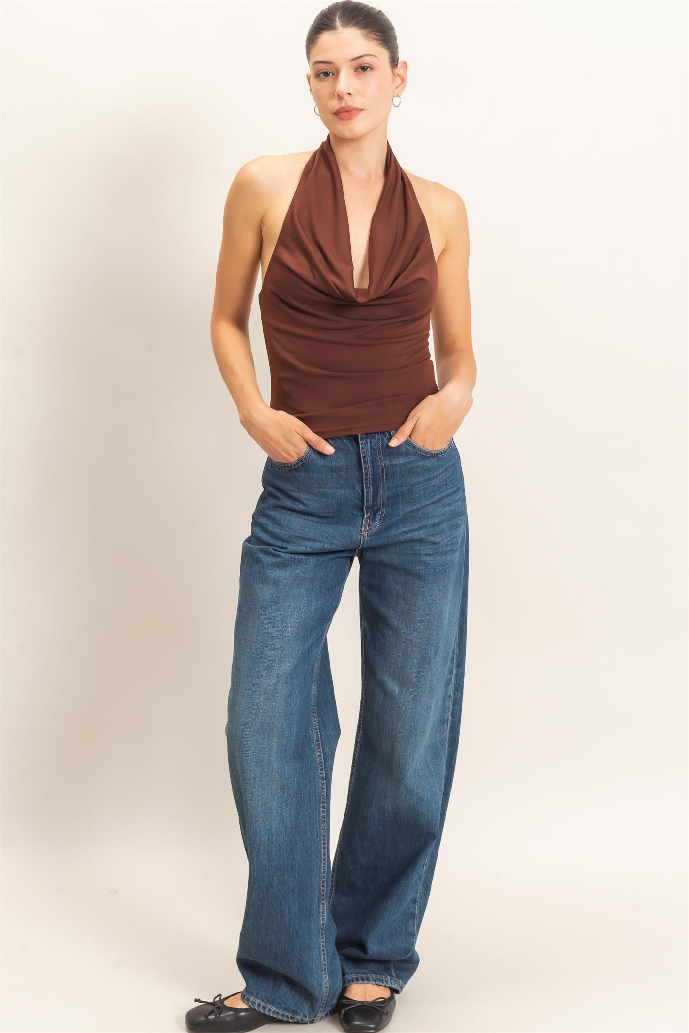 Wholesale Cowl Halter Neck Top Clothing Tops HF26E408 CHOCOLATE HYFVE