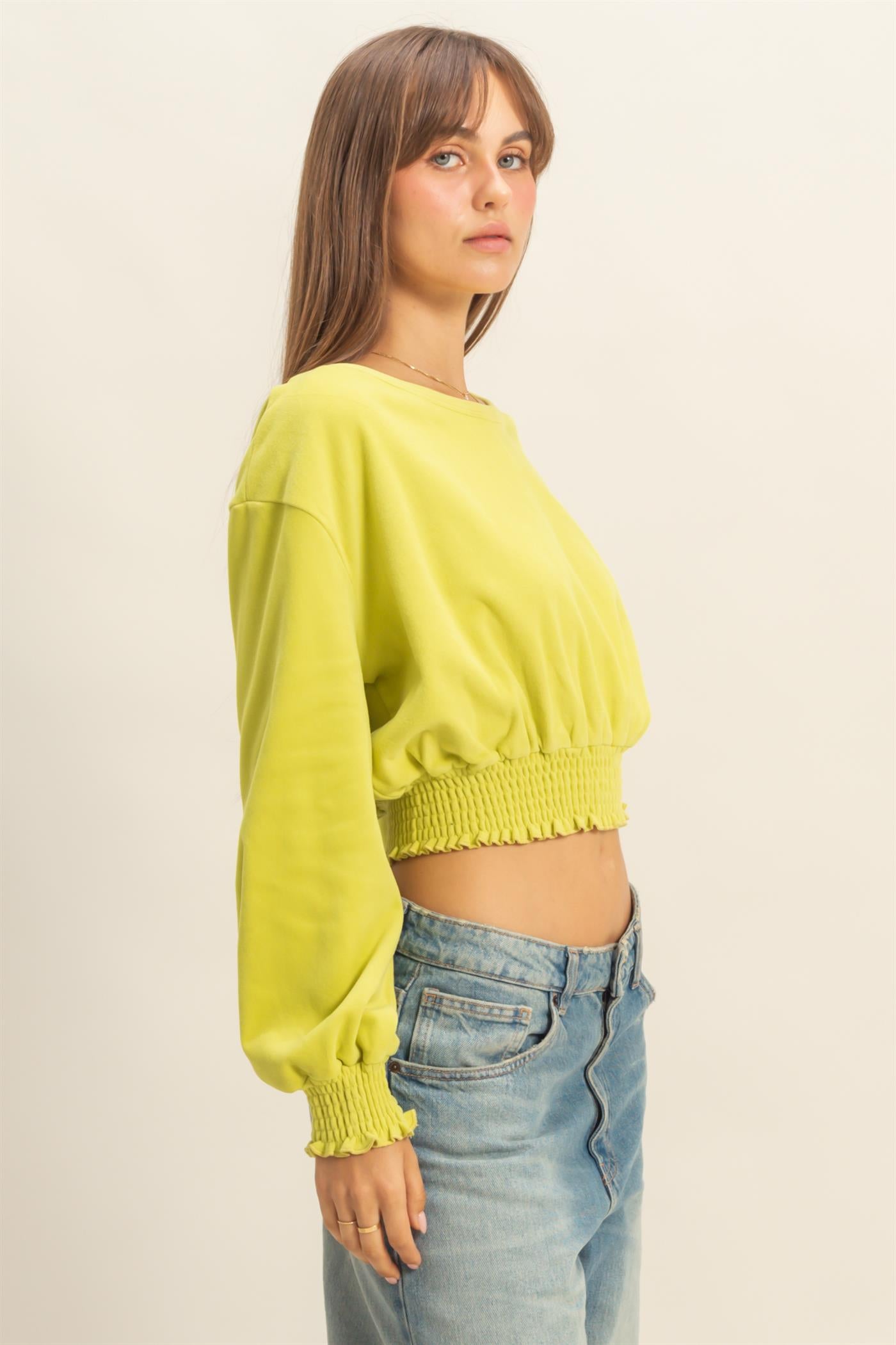 Wholesale Brushed Knit Smocked Crop Top Clothing Tops HF24C116 LIME HYFVE