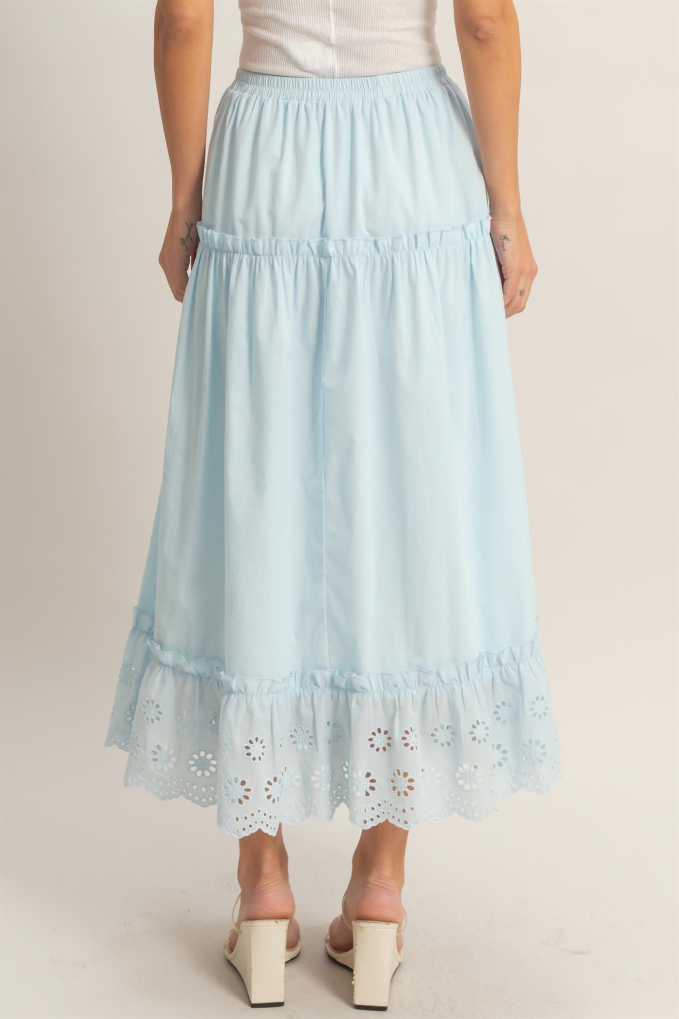 Wholesale Tiered Eyelet Maxi Skirt Skirts HF26C313 LIGHT BLUE HYFVE