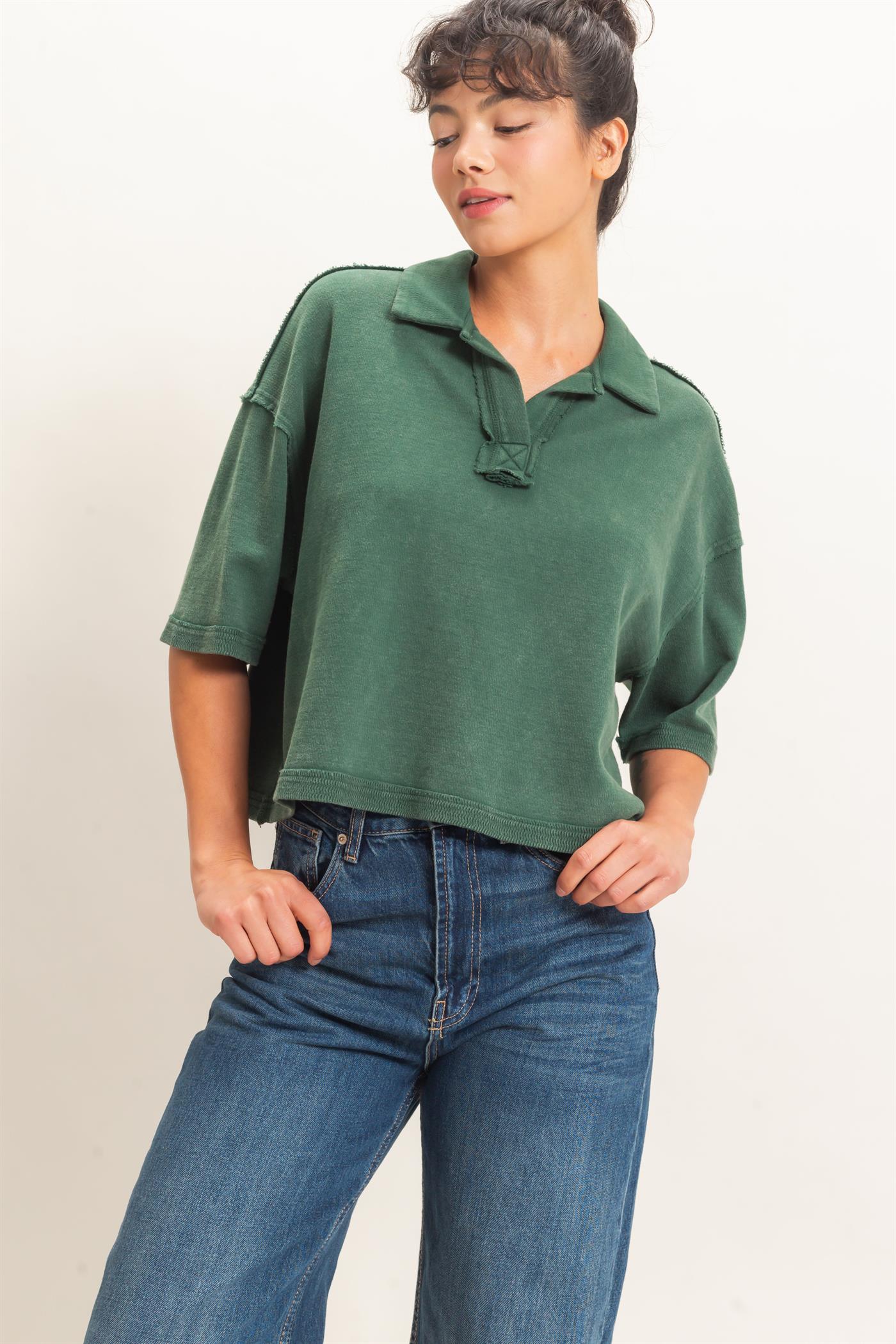Wholesale Mineral Wash Oversized Collar Short Sleeve Top Clothing Tops DZ26E813 DARK GREEN DOUBLE ZERO