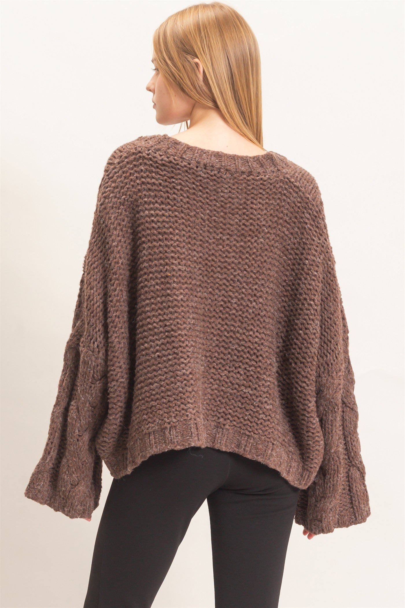 Wholesale Cable Knit V-Neck Sweater Sweaters HF26F175-D BROWN HYFVE
