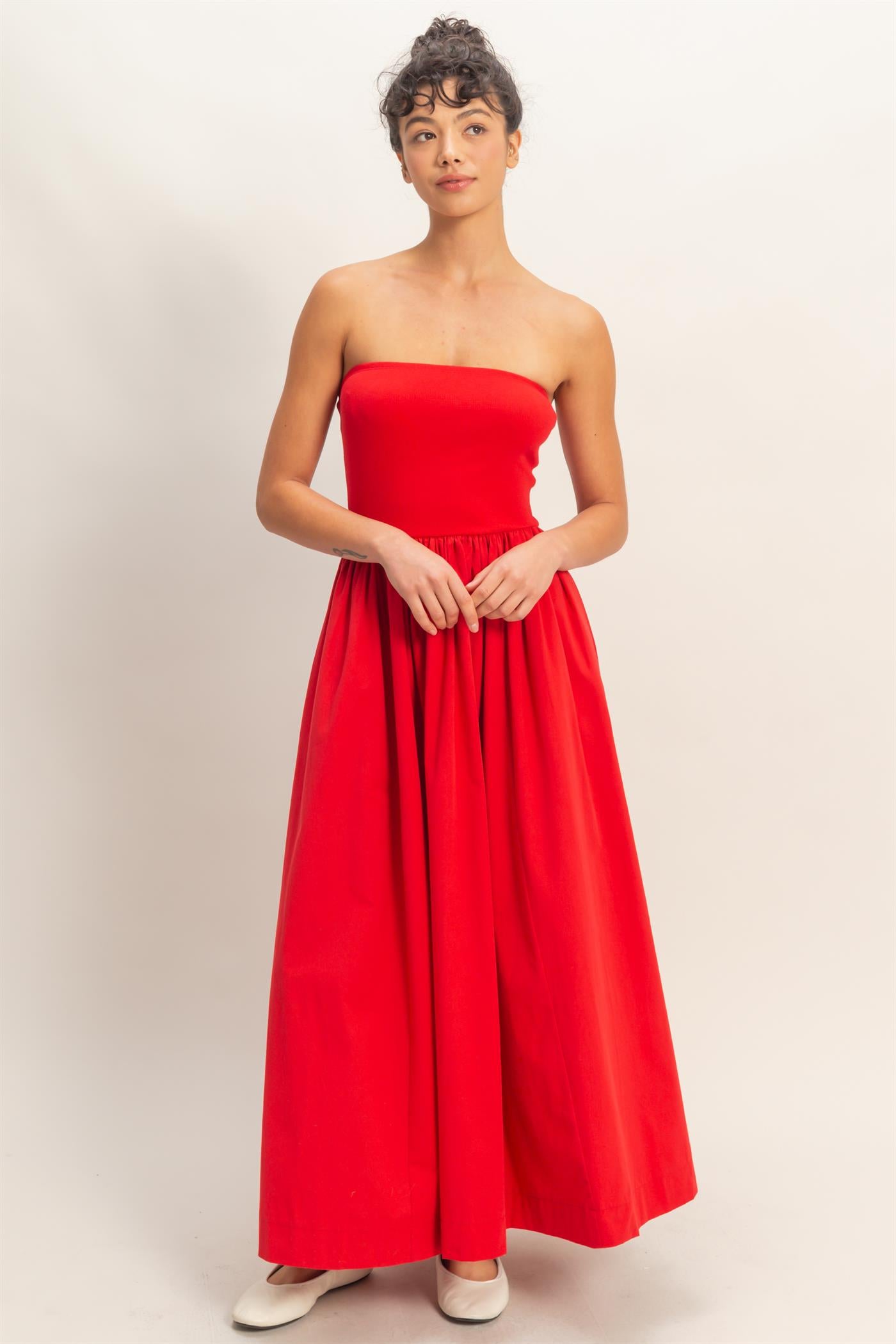 Wholesale Strapless Flowy Midi Dress Dresses DZ26A744 RED DOUBLE ZERO