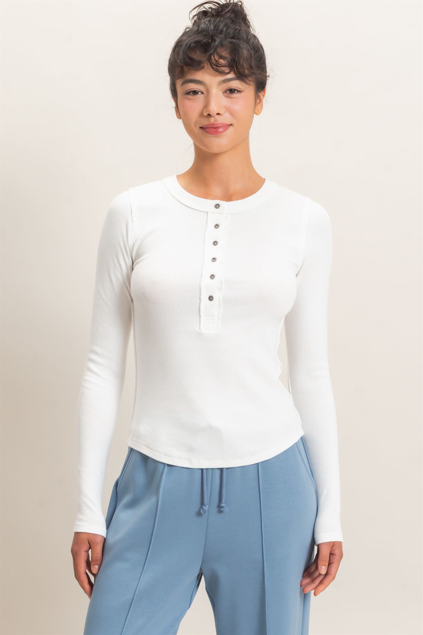 Wholesale Pigment Dye Henley Long Sleeve Top Clothing Tops DZ26C882 WHITE DOUBLE ZERO