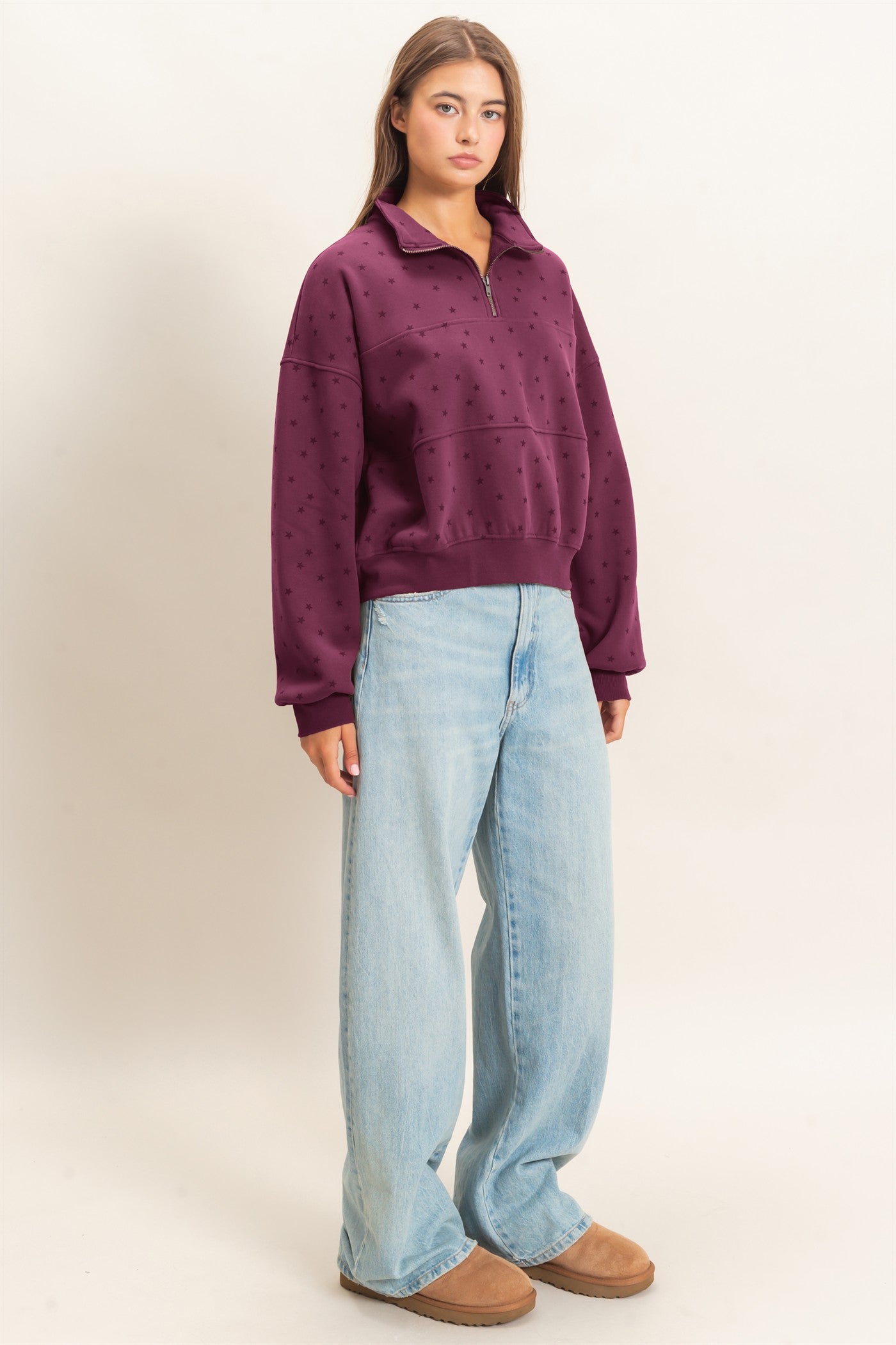 Wholesale Star Print Half Zip Sweatshirt Sweatshirts DZ26E245 DARK CHERRY DOUBLE ZERO