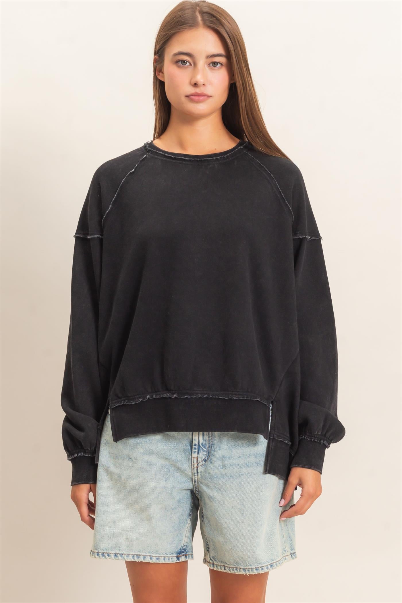 Wholesale Acid Wash Raw Edge Sweatshirt Sweatshirts DZ26C910 BLACK DOUBLE ZERO