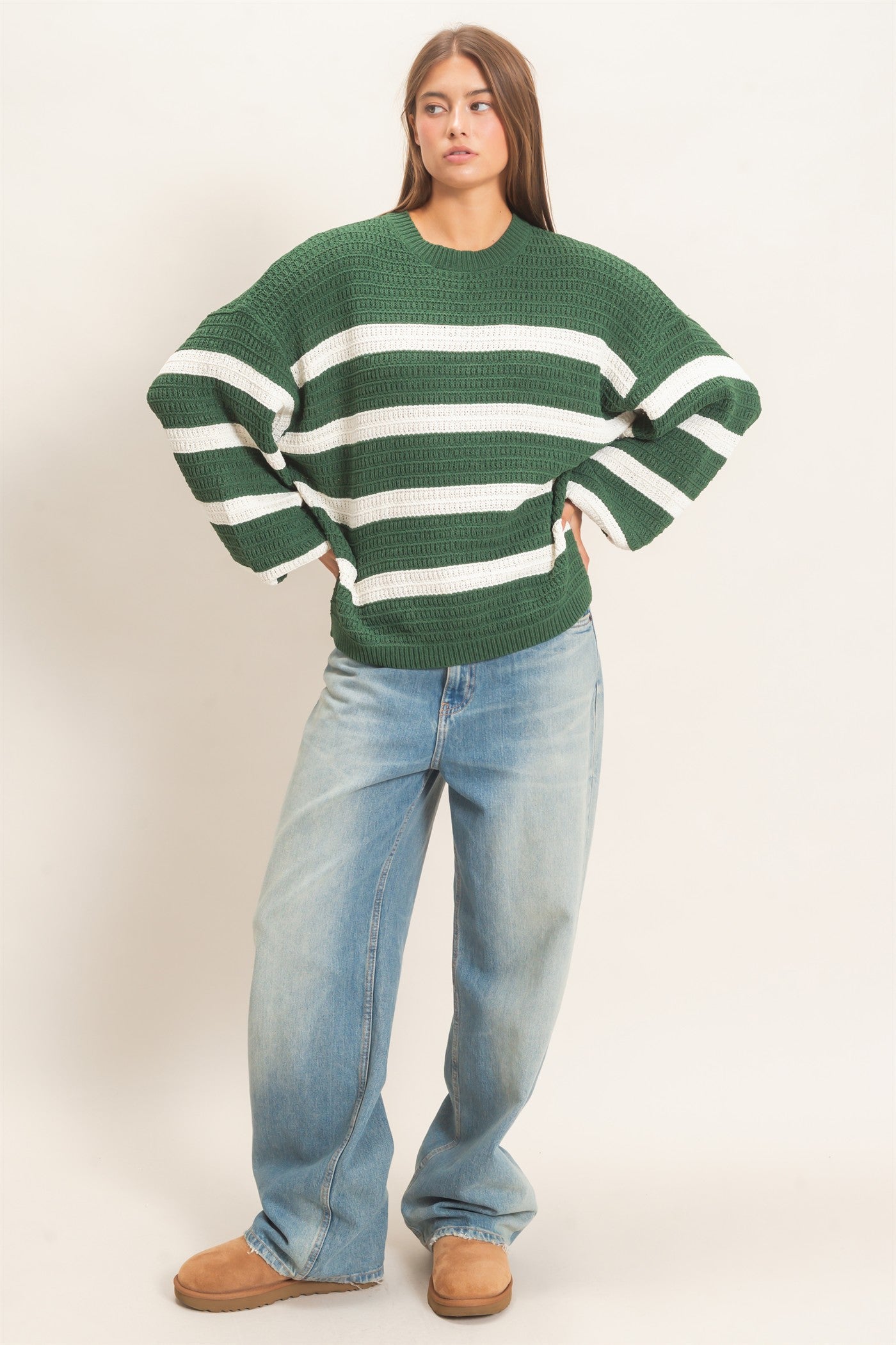 Wholesale Striped Oversized Sweater Sweaters DZ27A192 DARK GREEN DOUBLE ZERO