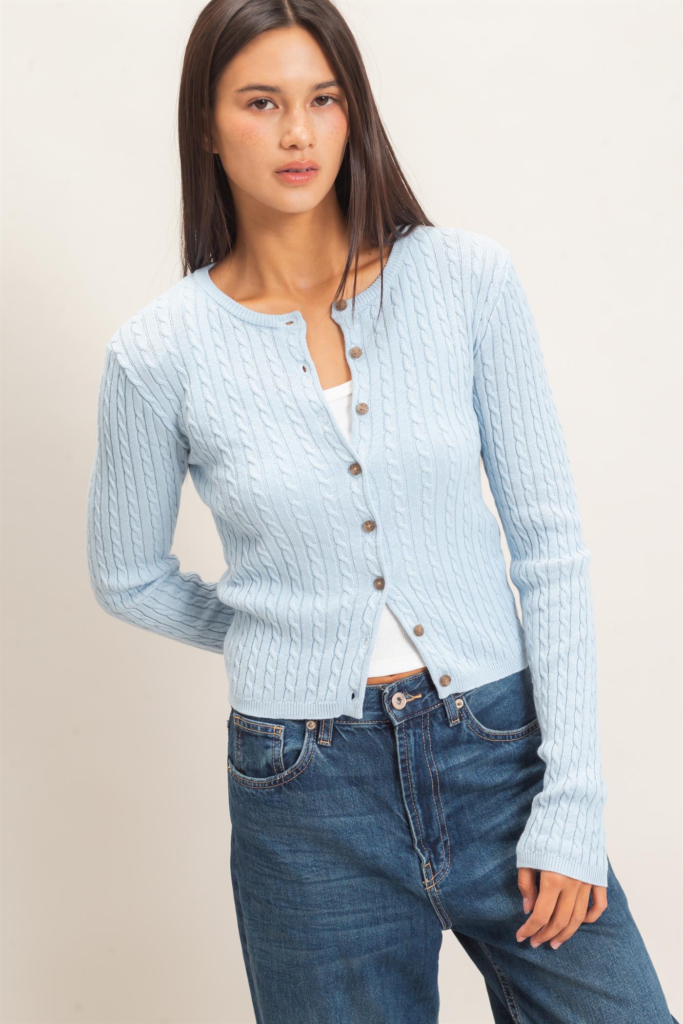 Wholesale Cable Knit Cardigan Cardigans DZ26E256 ICE BLUE DOUBLE ZERO