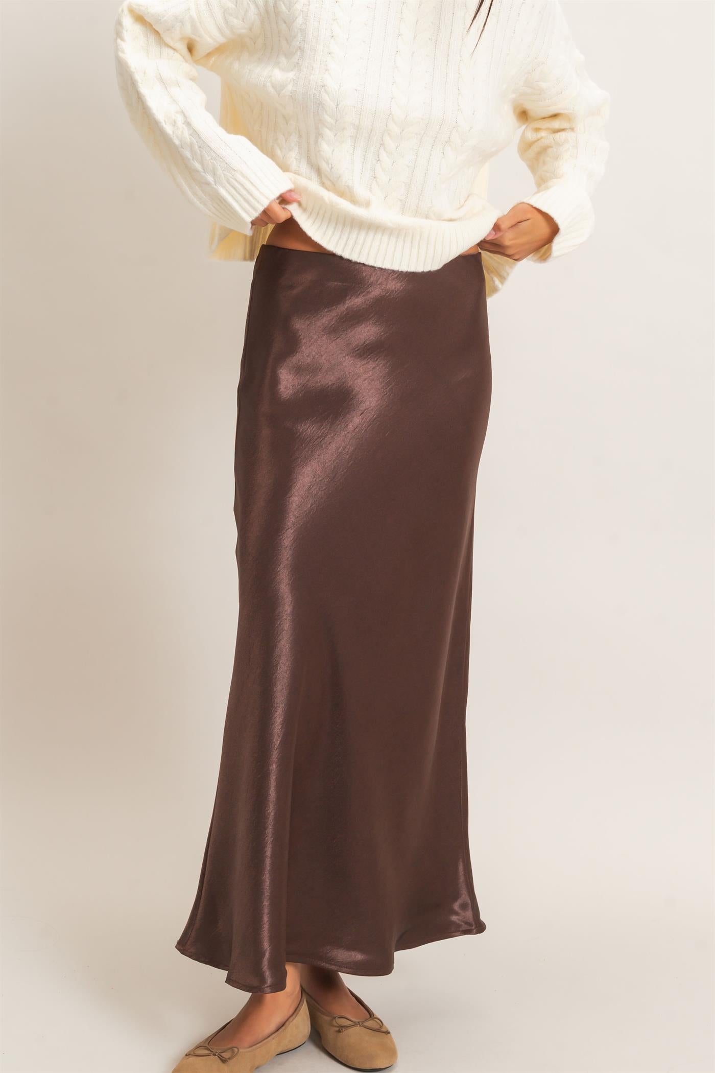 Wholesale Satin Midi Skirt Skirts DZ26C962 DARK BROWN DOUBLE ZERO