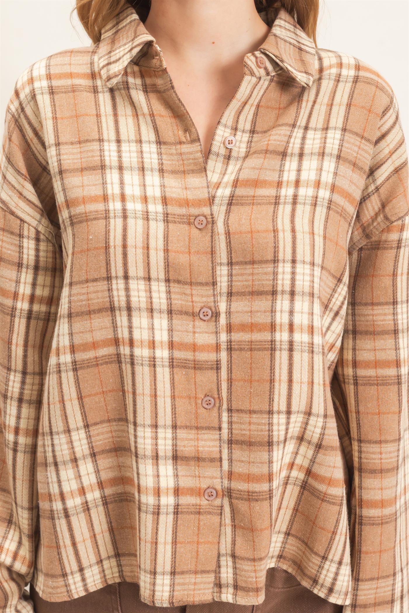 Wholesale Plaid Button-Up Shirt Clothing Tops HF26E467 MOCHA HYFVE