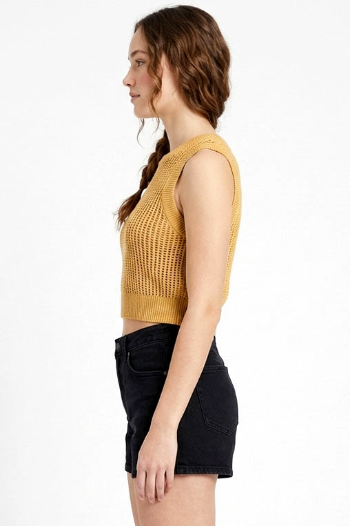 Wholesale Open Knit Sleeveless Crop Top Clothing Tops DZ24A482 SAND DOUBLE ZERO