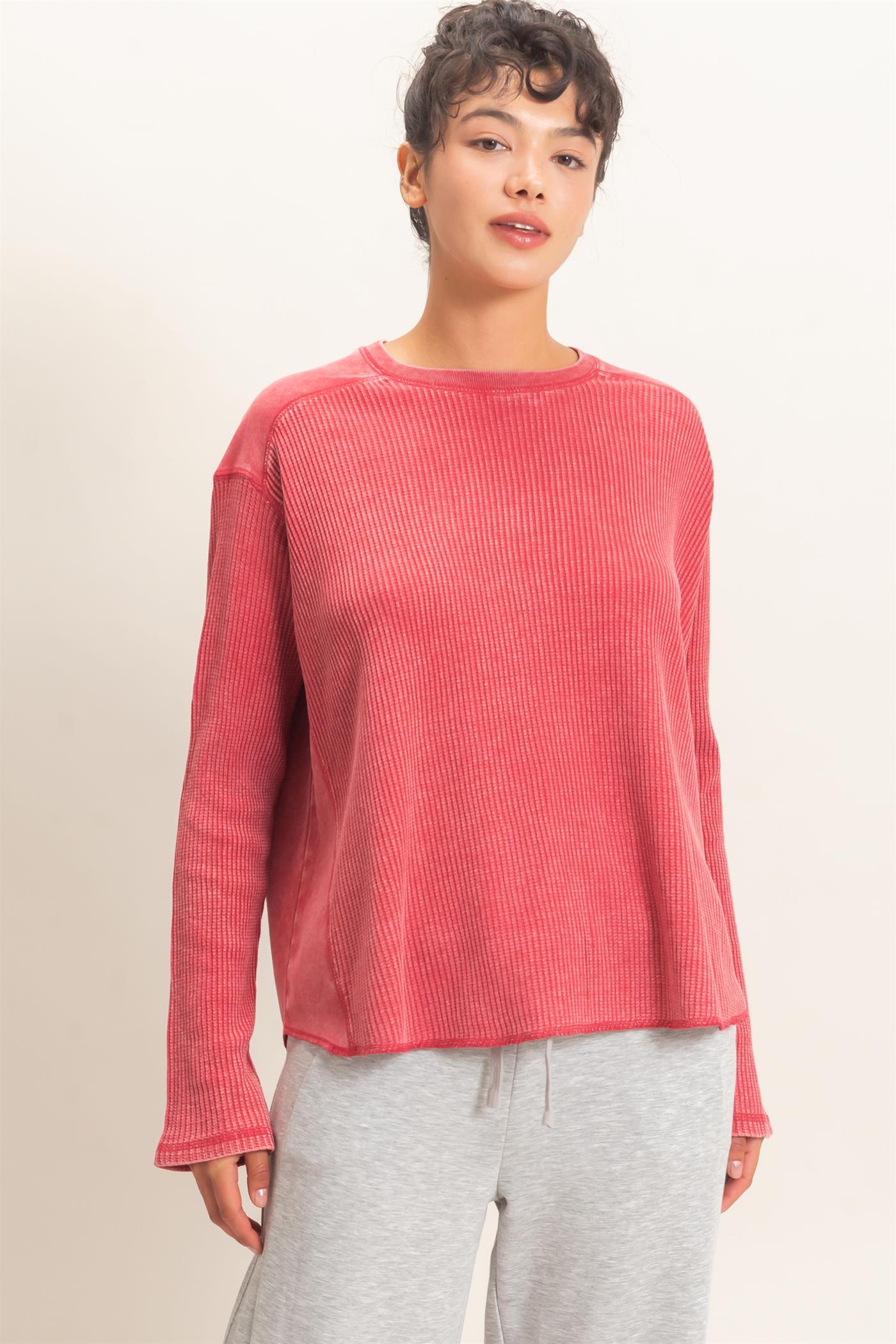 Wholesale Oversized Mineral Washed Waffle Knit Top Clothing Tops DZ26E654 DARK RED DOUBLE ZERO