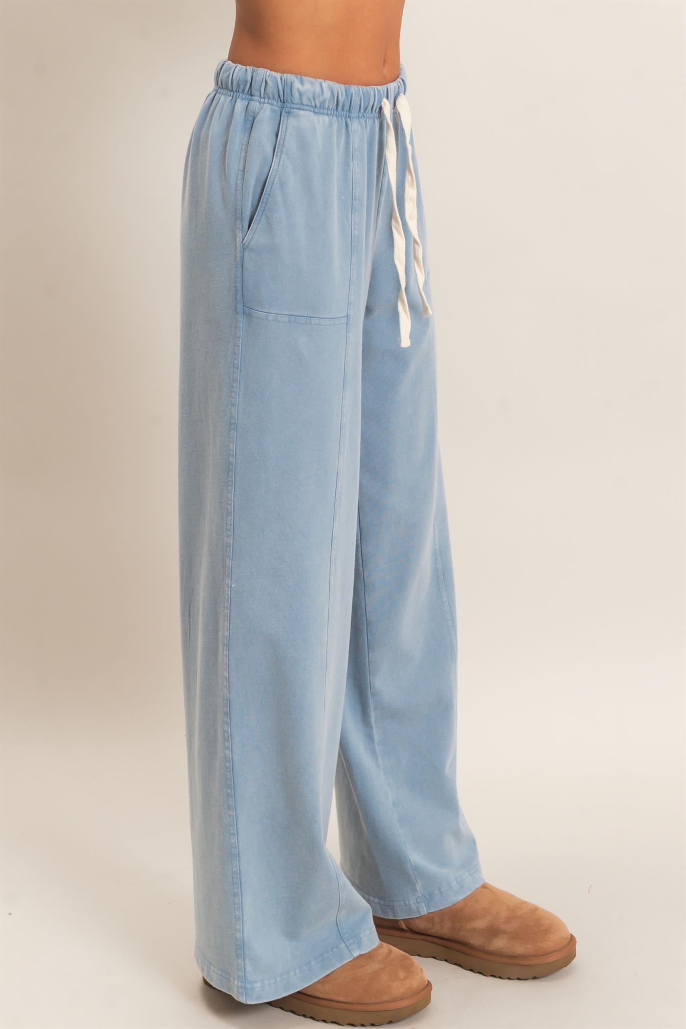 Wholesale Acid Wash Drawstring Waist Wide Leg Pants Pants DZ25A685 DUSTY BLUE DOUBLE ZERO