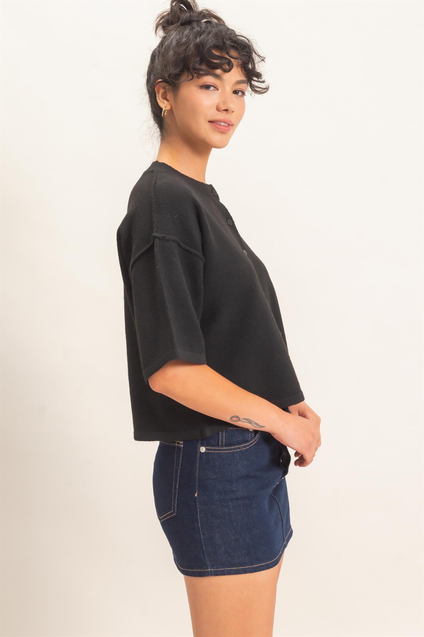 Wholesale Drop Shoulder Short Sleeve Cardigan Cardigans DZ26E238 BLACK DOUBLE ZERO