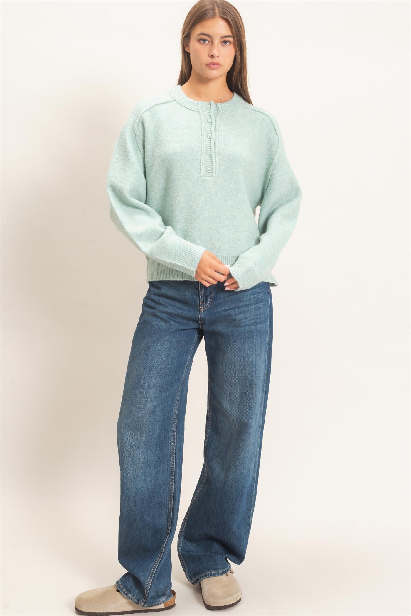 Wholesale Henley Sweater With Reverse Seams Sweaters DZ26F004 PALE GREEN DOUBLE ZERO
