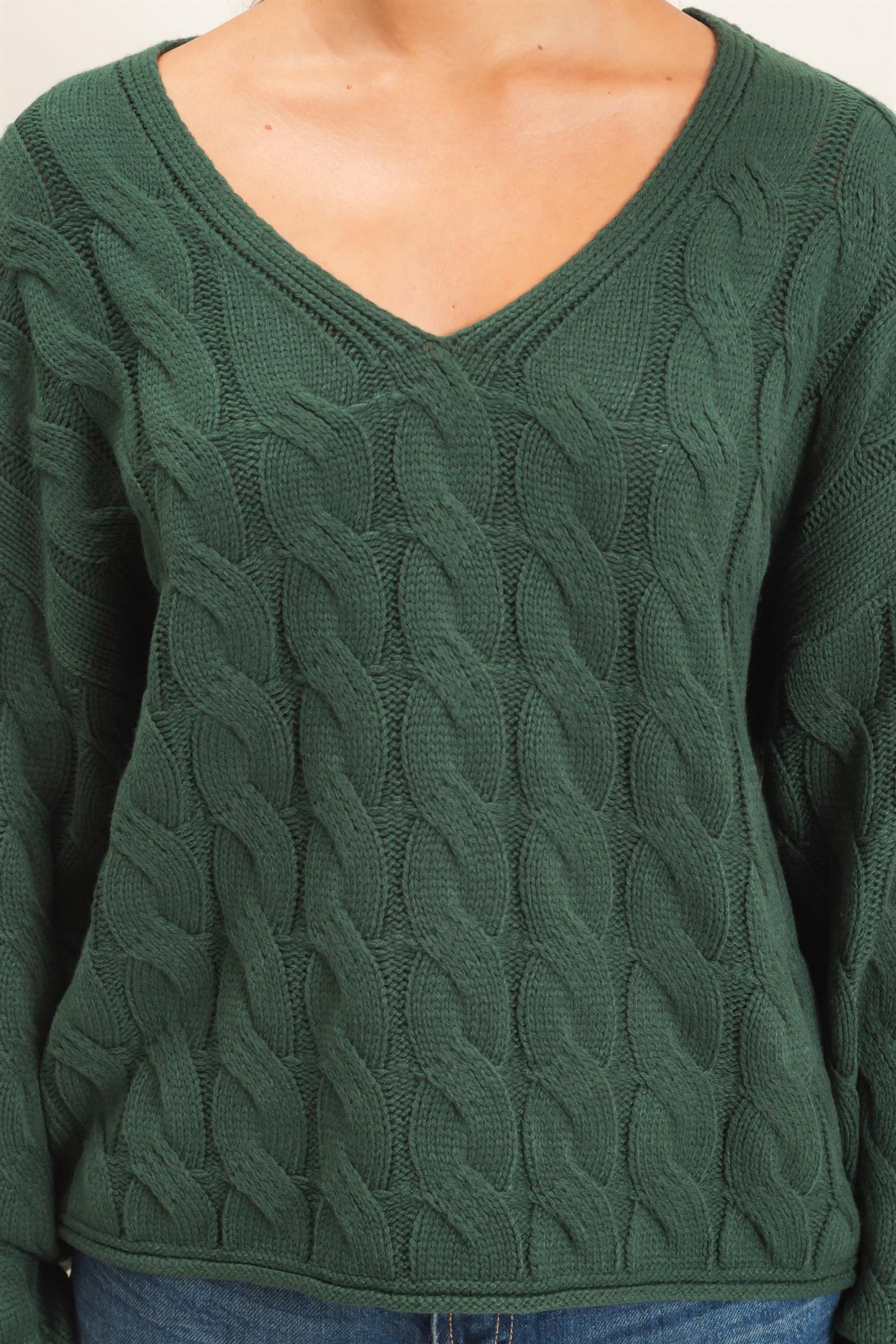 Wholesale Cable Knit V-Neck Sweater Sweaters DZ26E087 DARK GREEN DOUBLE ZERO