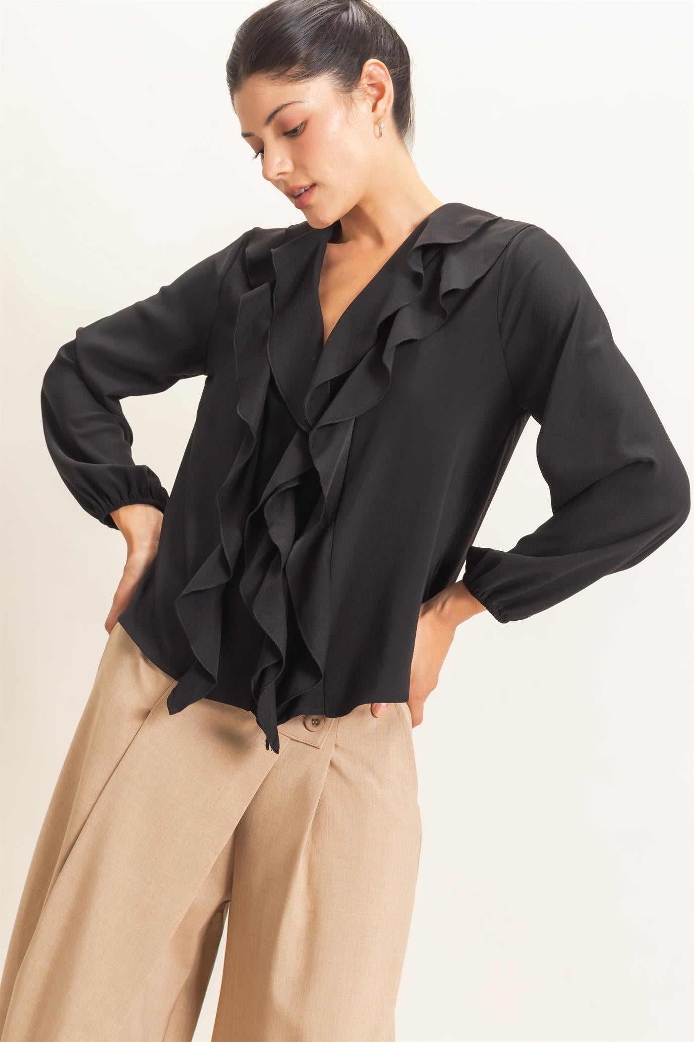 Wholesale Ruffled V-Neck Button-Up Blouse Blouses HF26C739 BLACK HYFVE