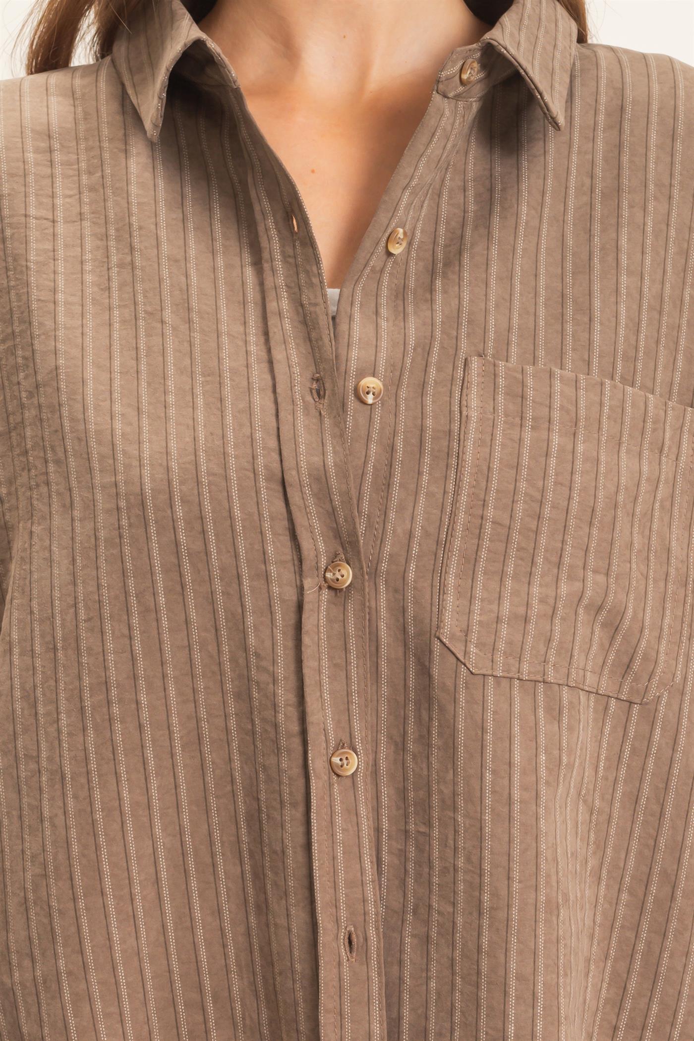 Wholesale Striped Button-Up Shirt Shirts HF26F134 BROWN HYFVE