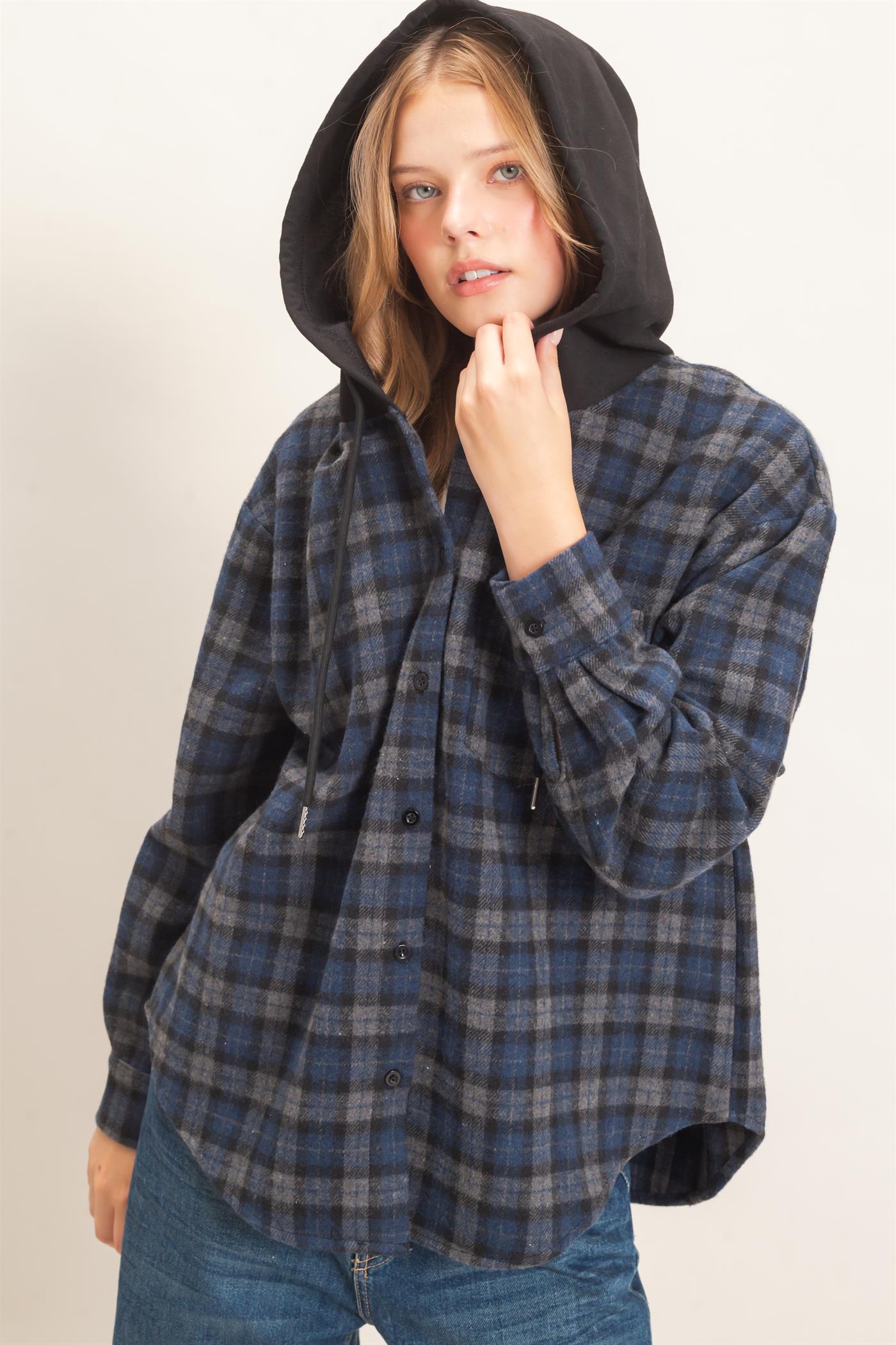Wholesale Hooded Plaid Button-Up Shirt Shirts HF26F018 NAVY HYFVE