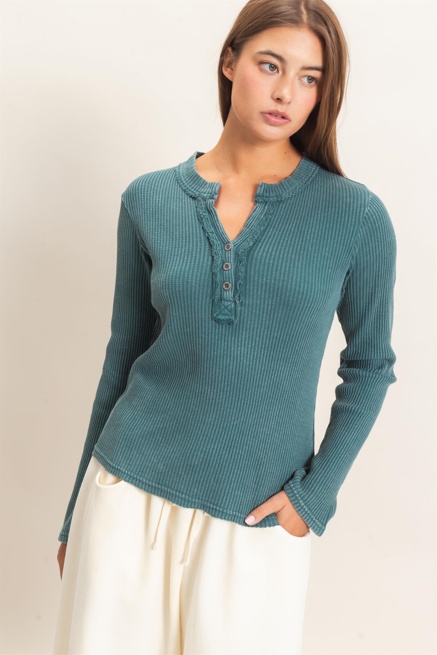 Wholesale Mineral Wash Waffle Henley Long Sleeve Top Clothing Tops DZ26E243 DARK TEAL DOUBLE ZERO