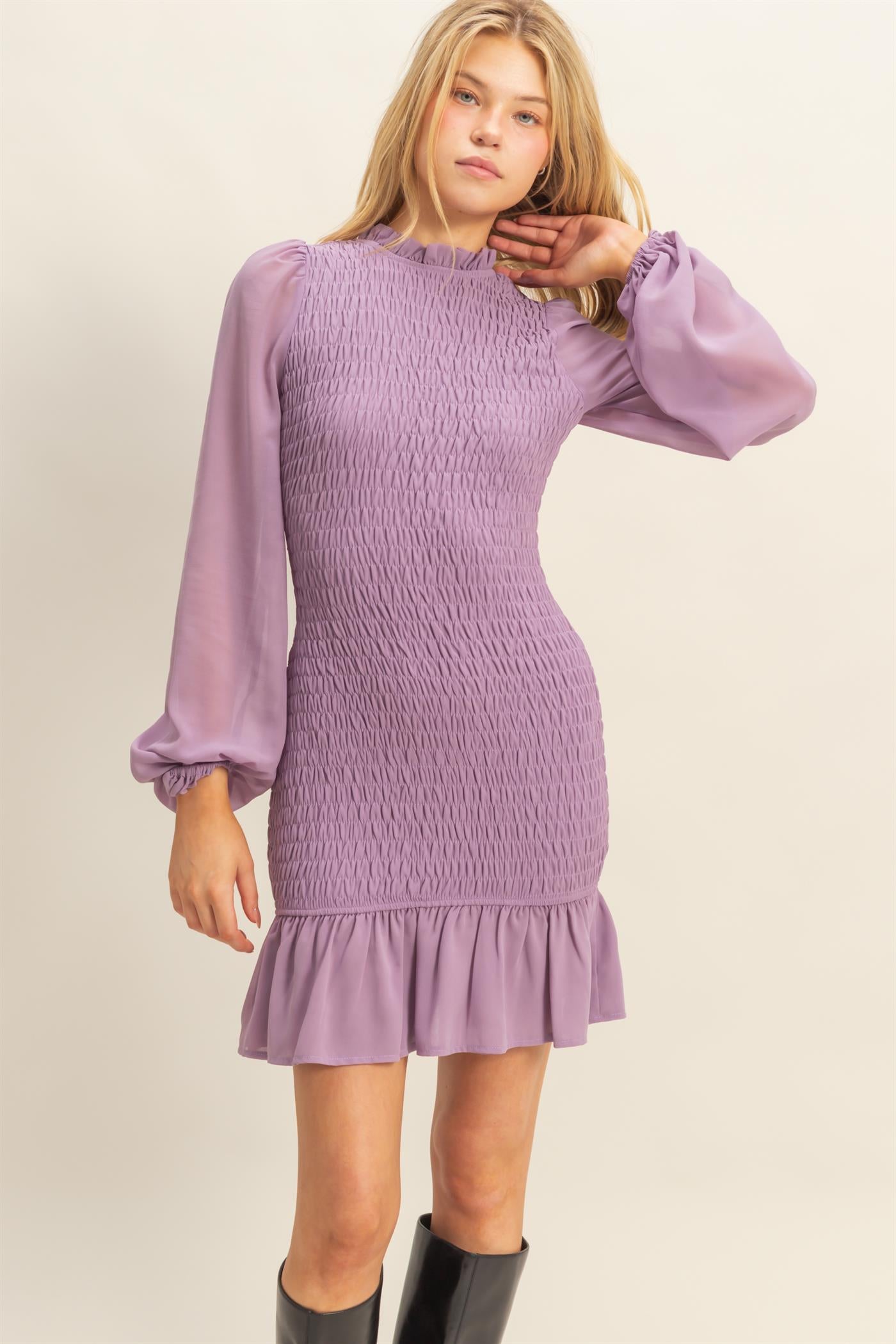 Wholesale Smocked Ruffled Mini Dress Dresses HF23G430 LAVENDER HYFVE