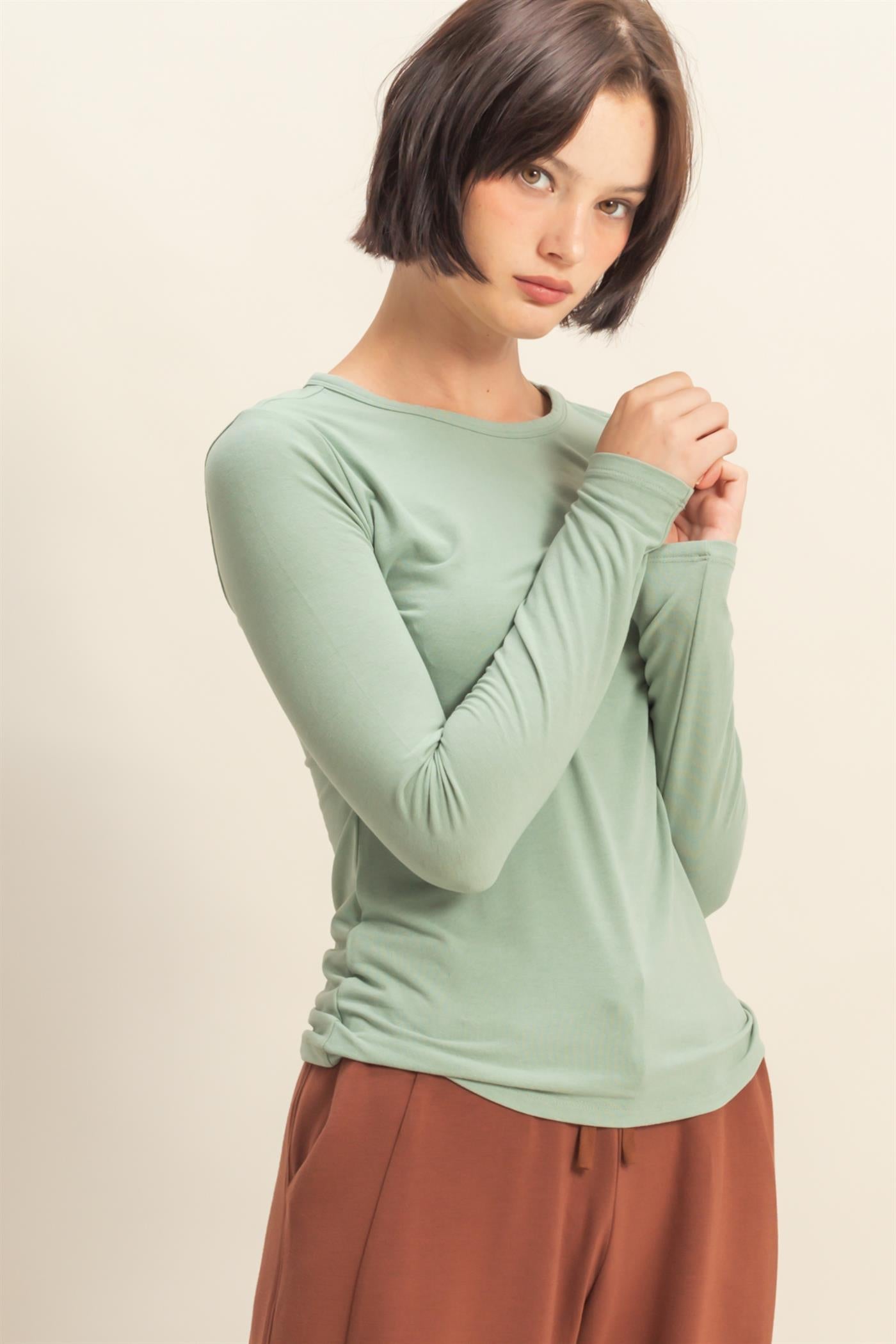 Wholesale Basic Long Sleeve Crew Neck Top Clothing Tops DZ25C950 SAGE GREEN DOUBLE ZERO