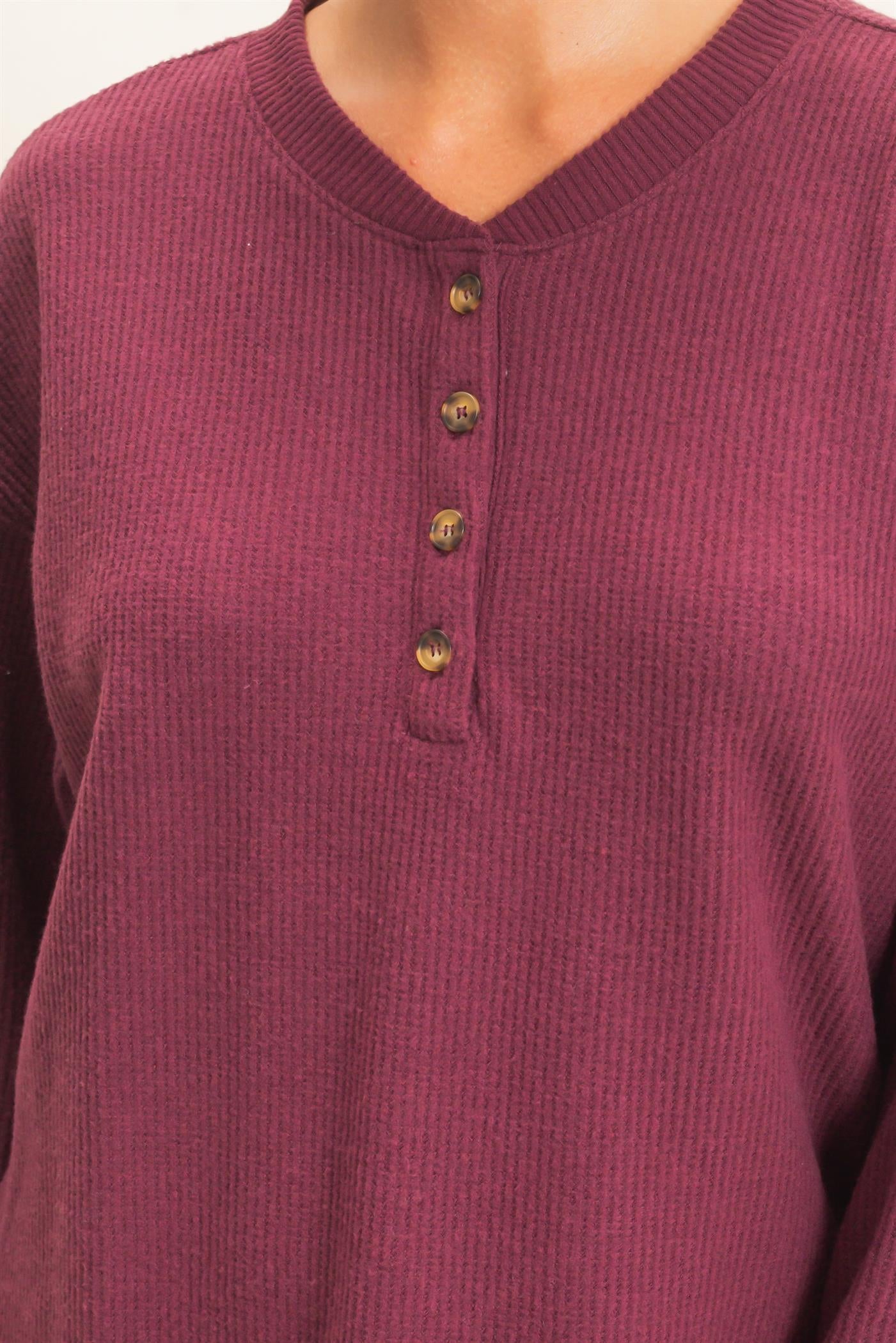 Wholesale Brushed Waffle Henley Top Clothing Tops DZ26F314 DARK CHERRY DOUBLE ZERO