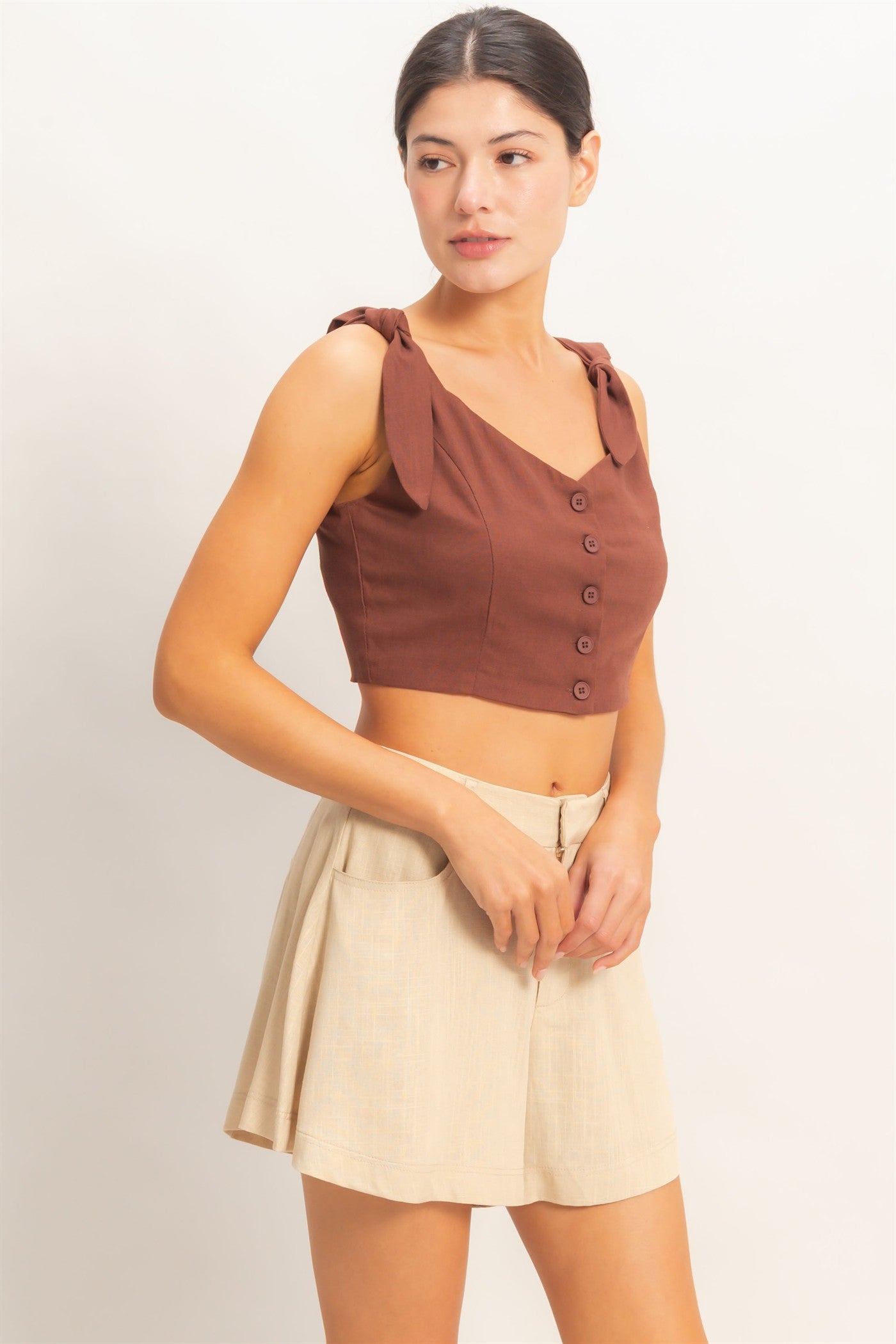 Wholesale Button-Up Tie Strap Crop Top Clothing Tops HF26A445 CHOCOLATE HYFVE