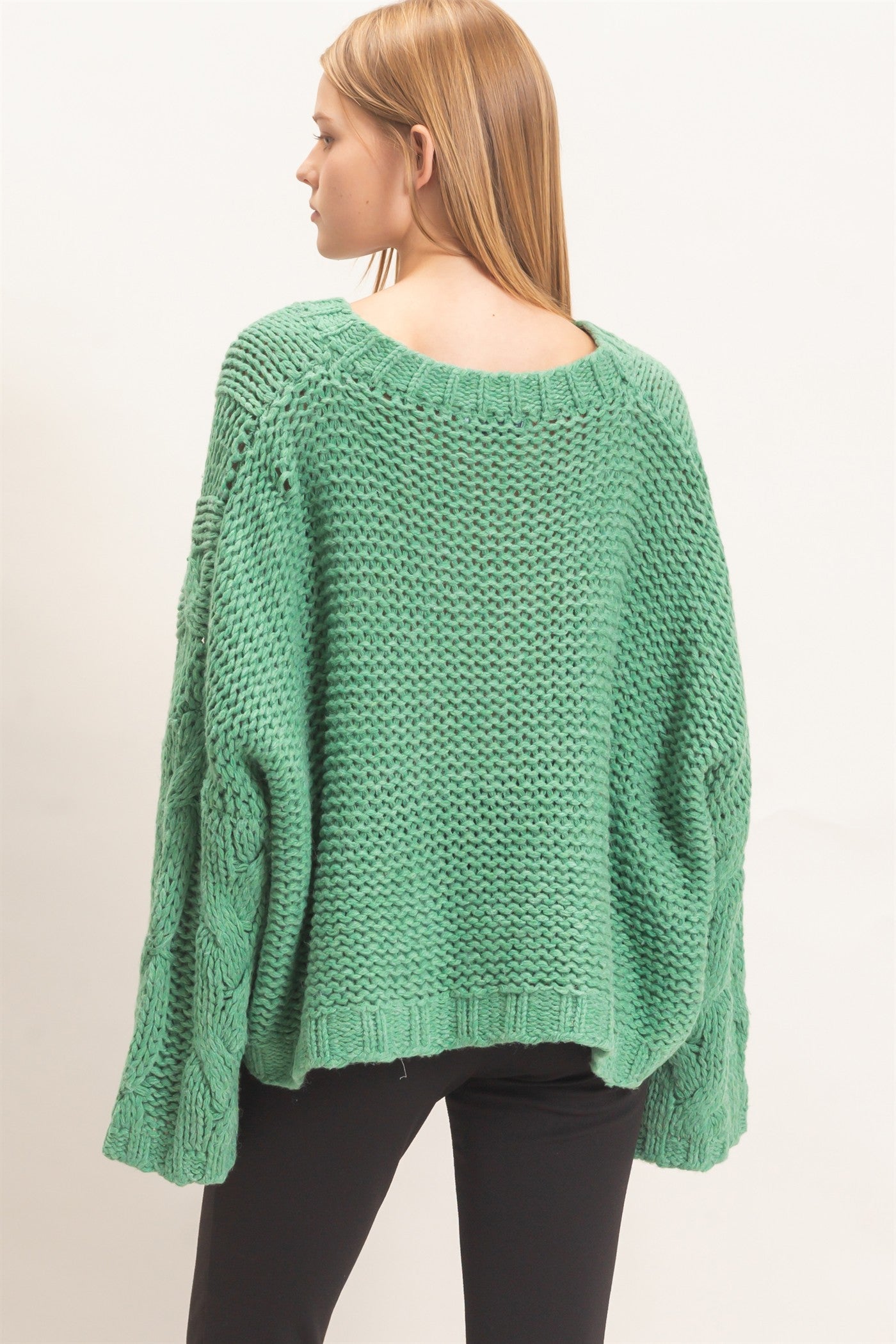 Wholesale Cable Knit V-Neck Sweater Sweaters HF26F175-D GREEN HYFVE