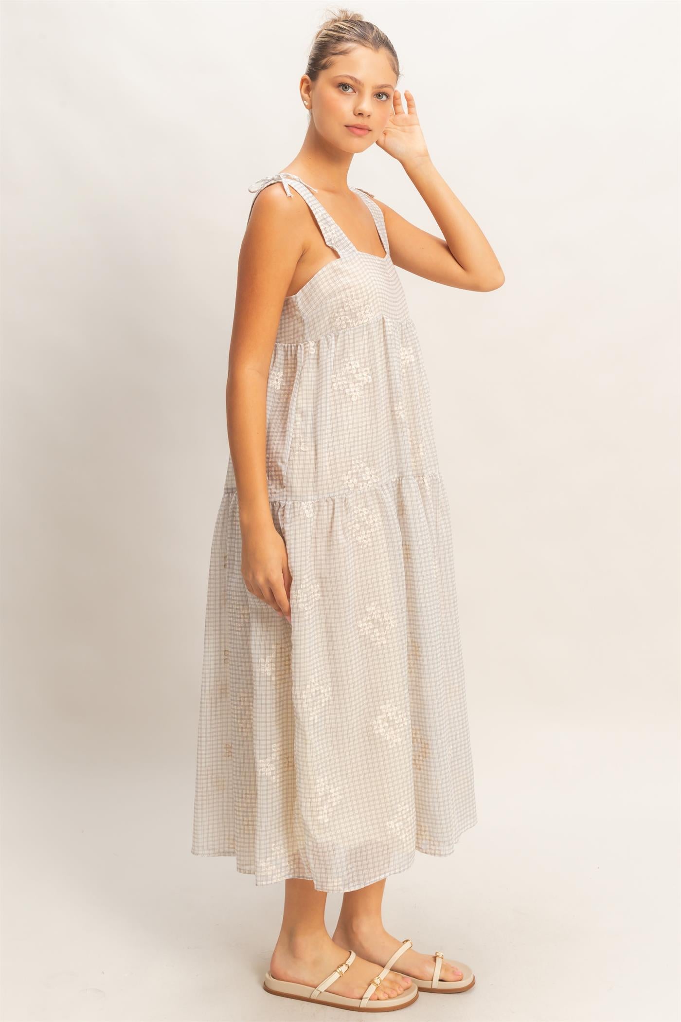 Wholesale Tiered Gingham Dress With Embroidery Dresses HF26A695 DARK MAUVE HYFVE