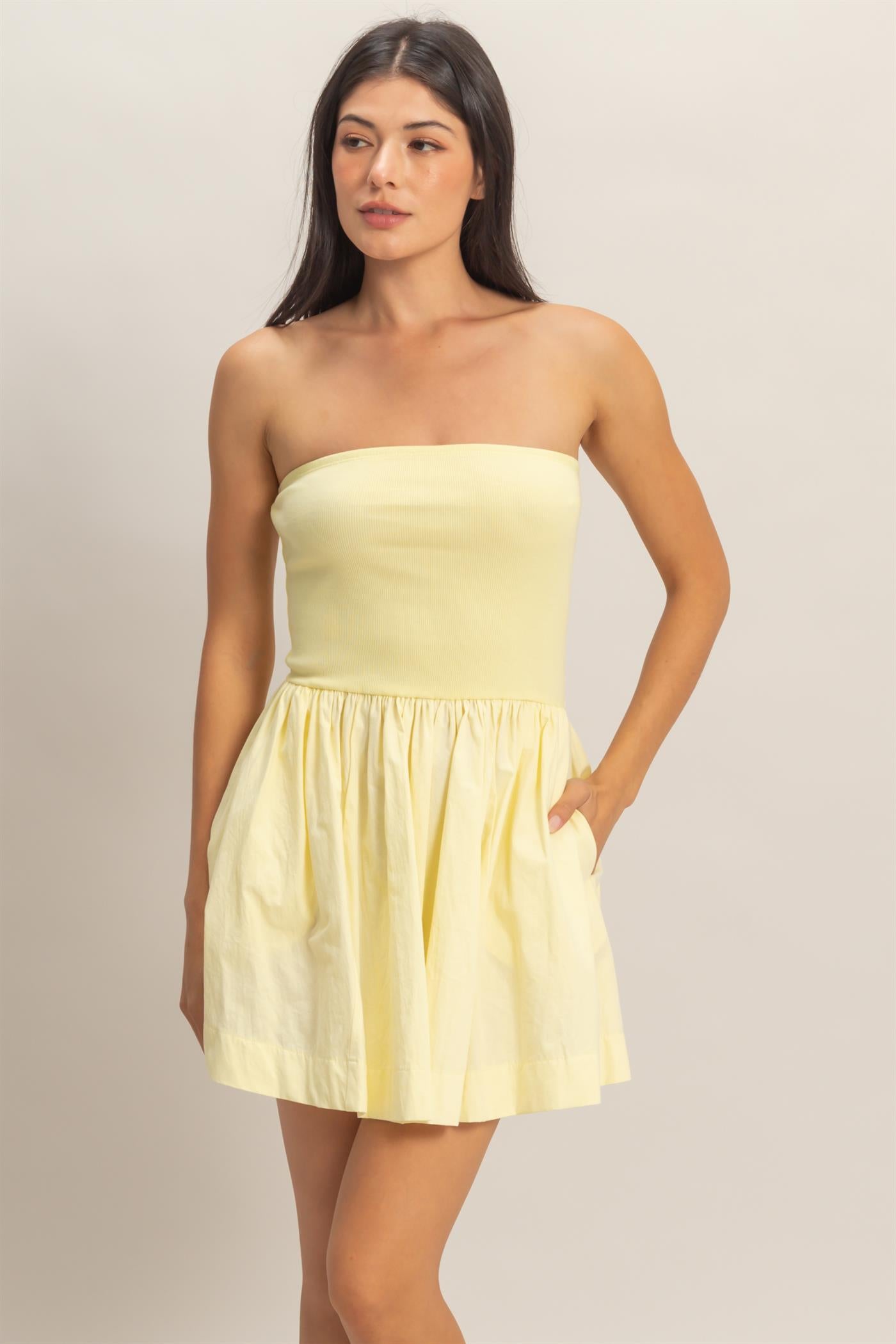 Wholesale Strapless Flowy Mini Dress Dresses DZ26C043 PALE YELLOW DOUBLE ZERO