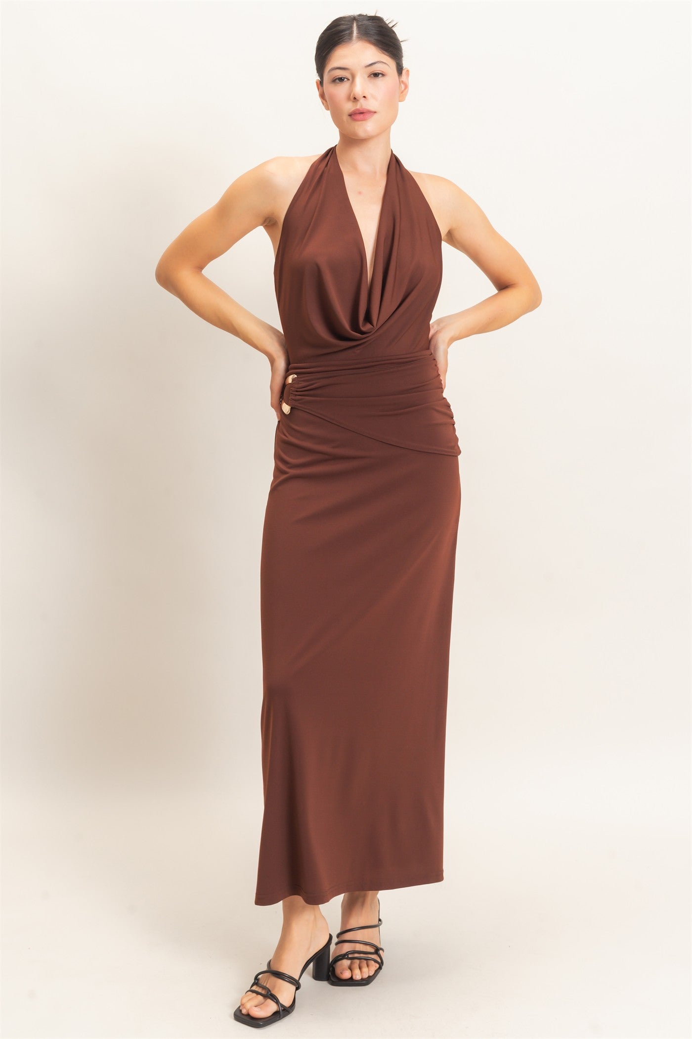 Wholesale Draped Halter Neck Dress Dresses HF26C663 CHOCOLATE HYFVE