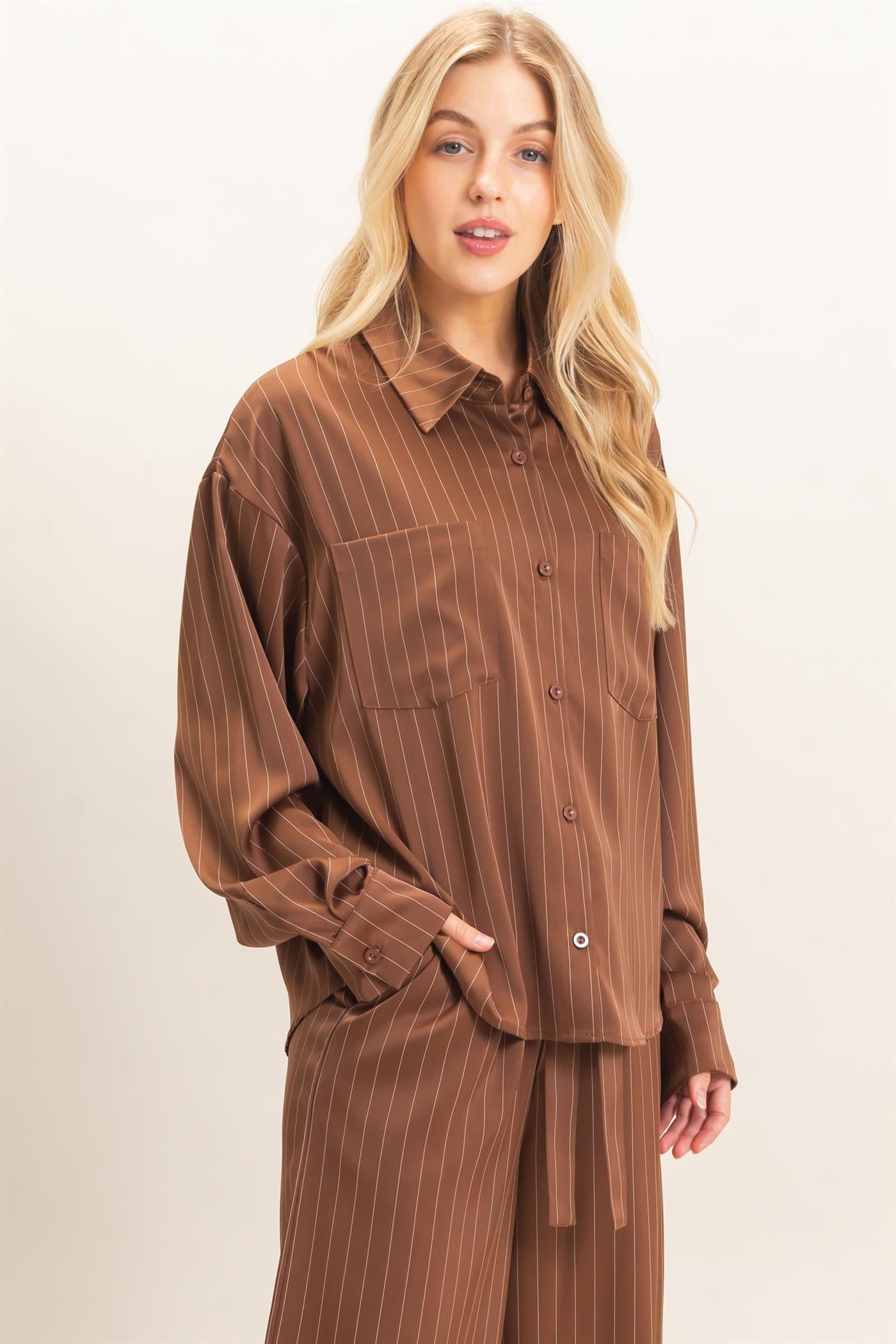Wholesale Striped Button-Up Blouse Blouses HF26C953 CHOCOLATE HYFVE