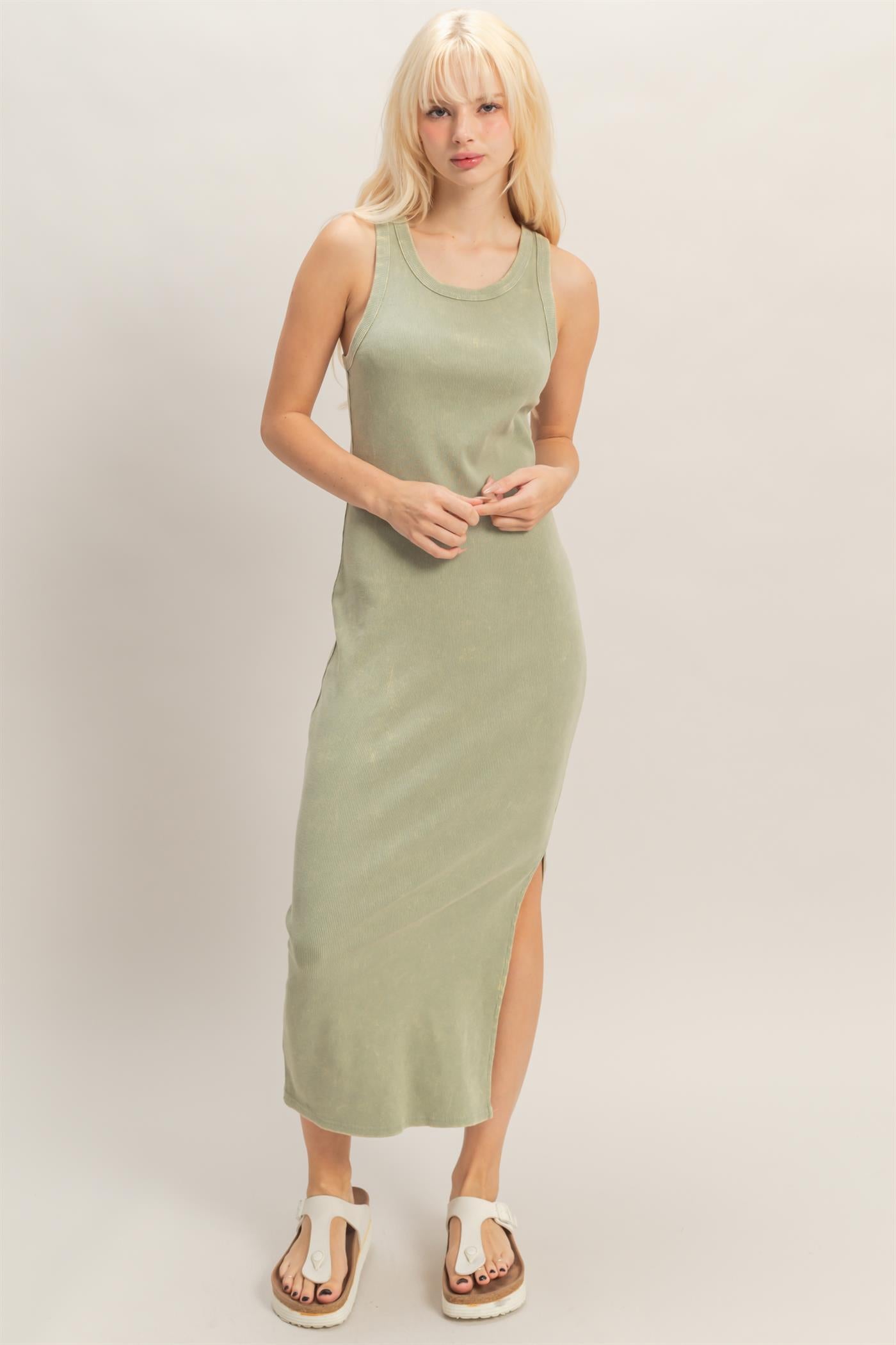 Wholesale Acid Washed Ribbed Midi Tank Dress Dresses DZ26C060 SAGE GREEN DOUBLE ZERO