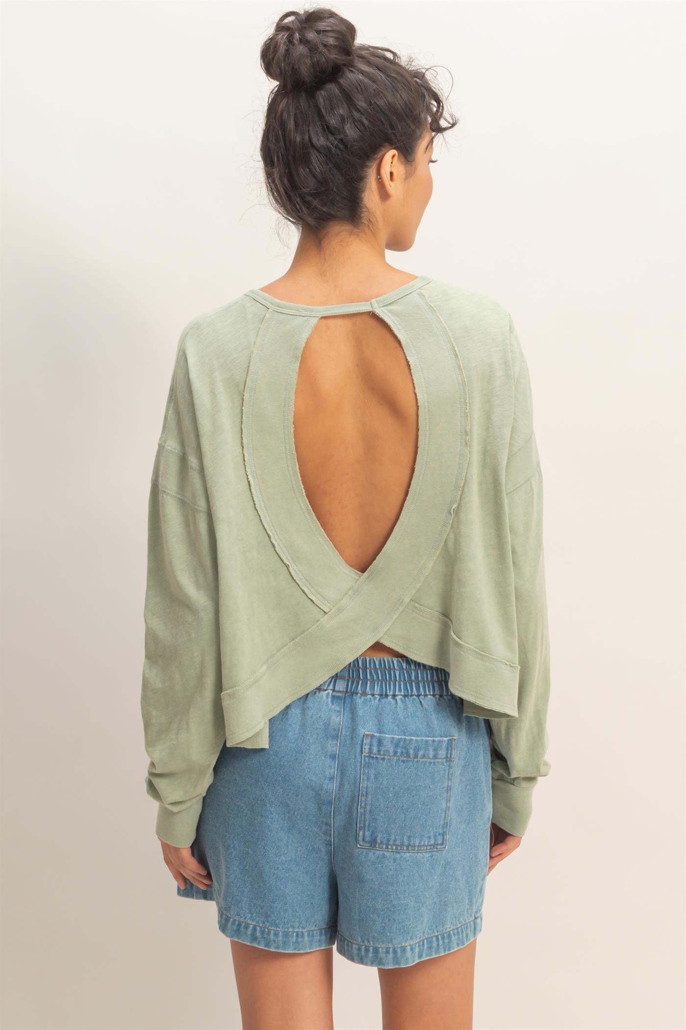 Wholesale Cross Detail Open Back Long-Sleeve Top Clothing Tops DZ26C731 SAGE GREEN DOUBLE ZERO