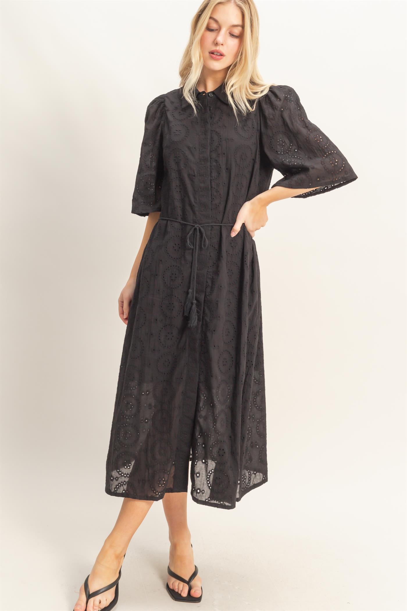 Wholesale Eyelet Collared Midi Dress Dresses HF26A021 BLACK HYFVE