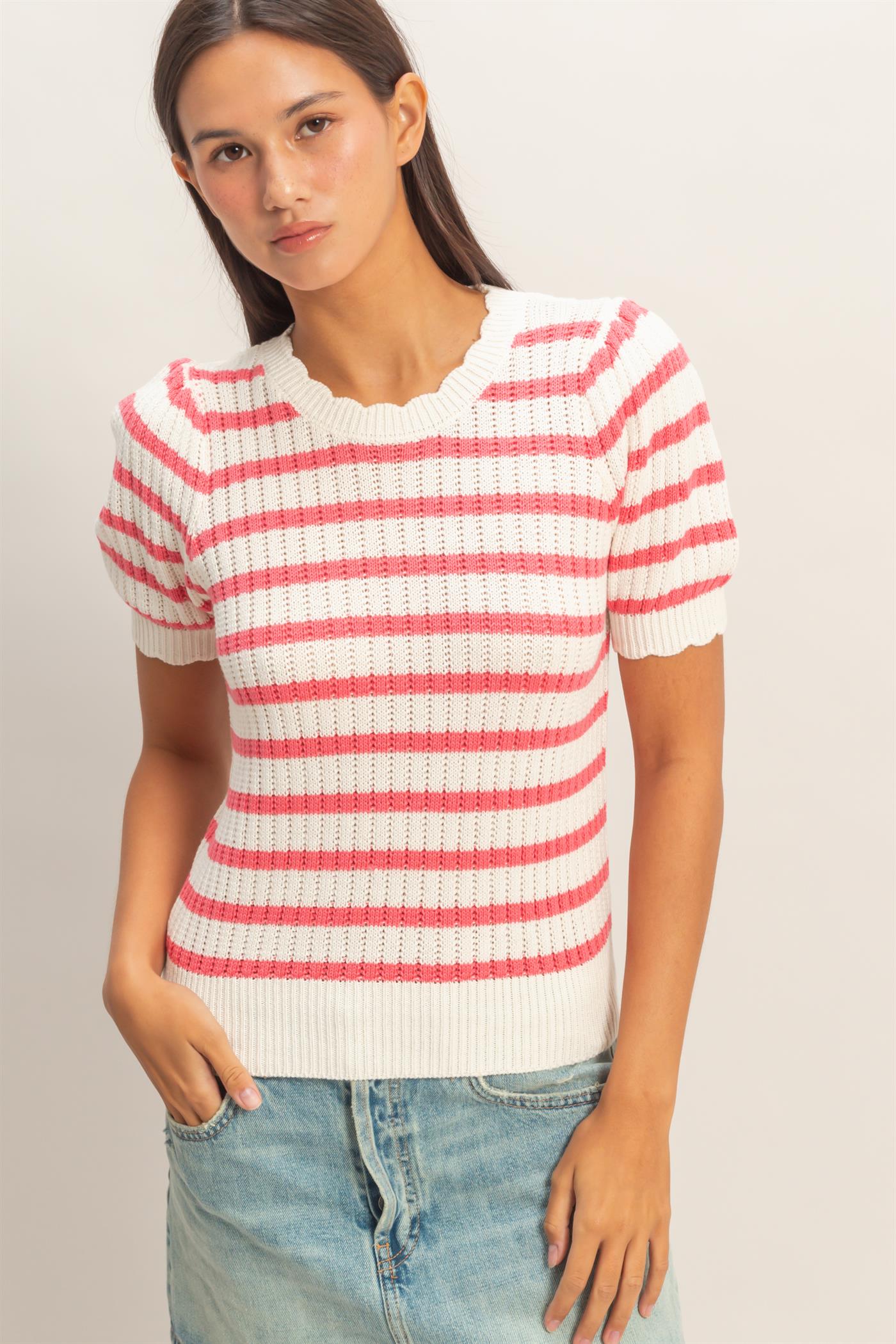 Wholesale Striped Scallop Edge Puff Sleeve Knit Top Shirts DZ26A284 TAFFY PINK DOUBLE ZERO