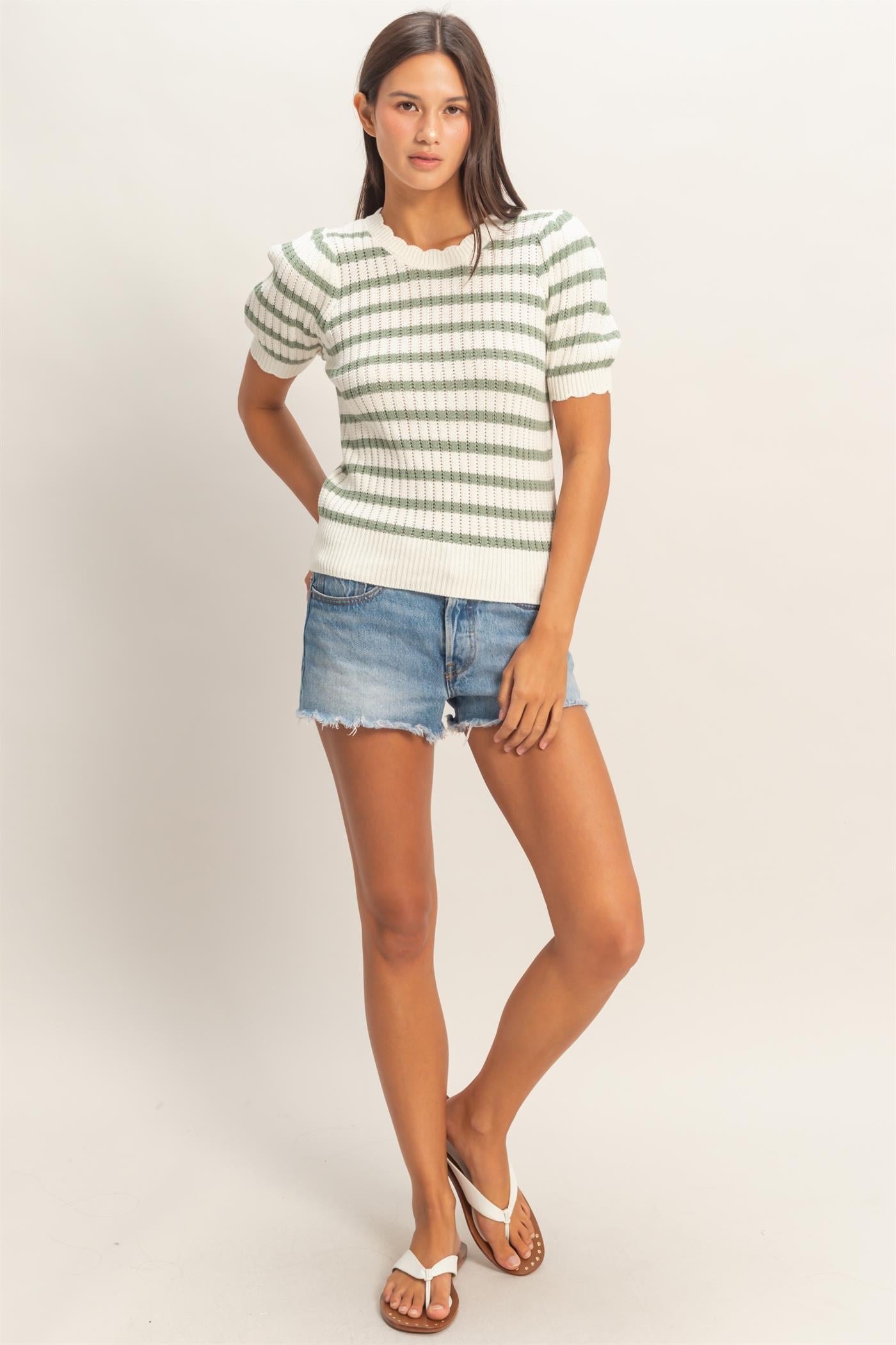 Wholesale Striped Scallop Edge Puff Sleeve Knit Top Shirts DZ26A284 SAGE GREEN DOUBLE ZERO