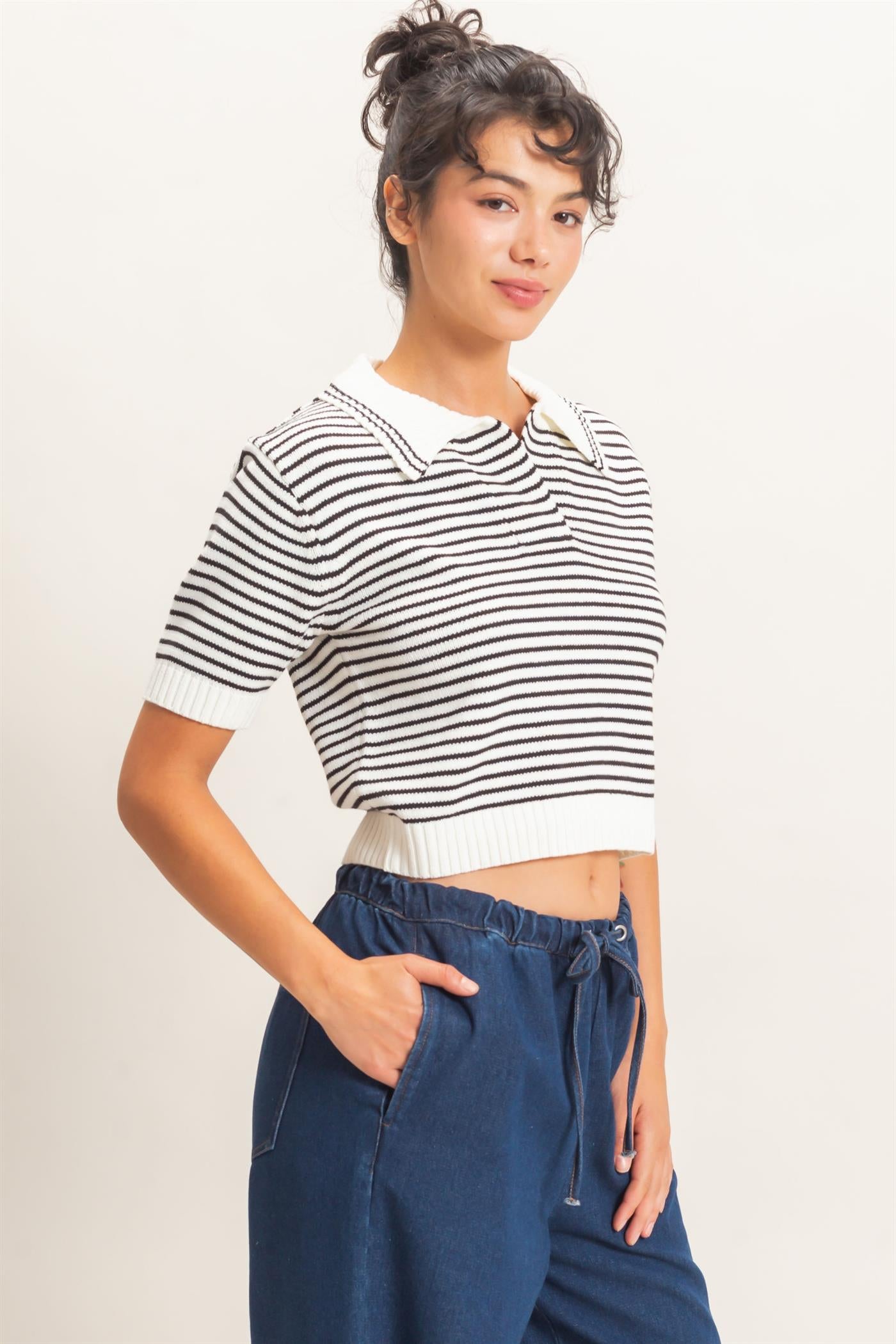 Wholesale Striped Short Sleeve Collar Knit Top Clothing Tops DZ26E261 CREAM DOUBLE ZERO