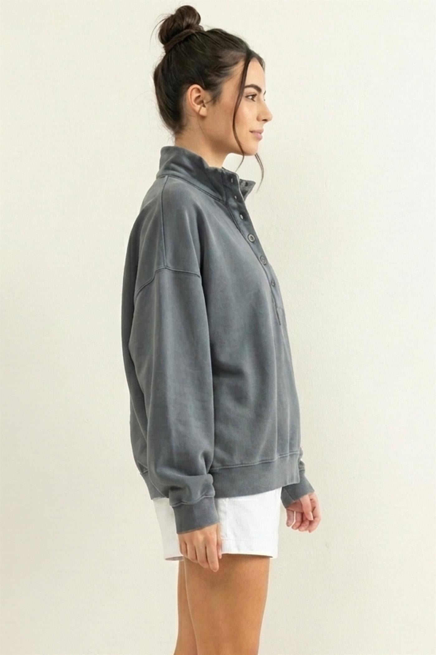 Wholesale Mineral Wash Button Front Sweatshirt Sweatshirts DZ26C909 DARK GRAY DOUBLE ZERO
