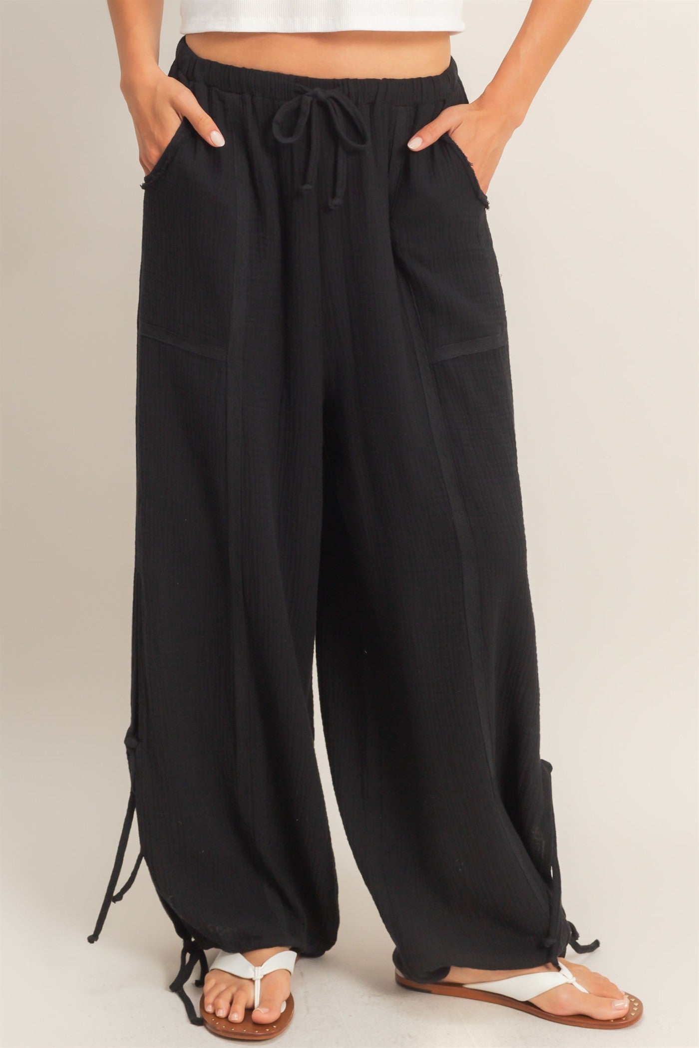 Wholesale Gauze Drawstring Jogger Pants Joggers HF26A822 BLACK HYFVE