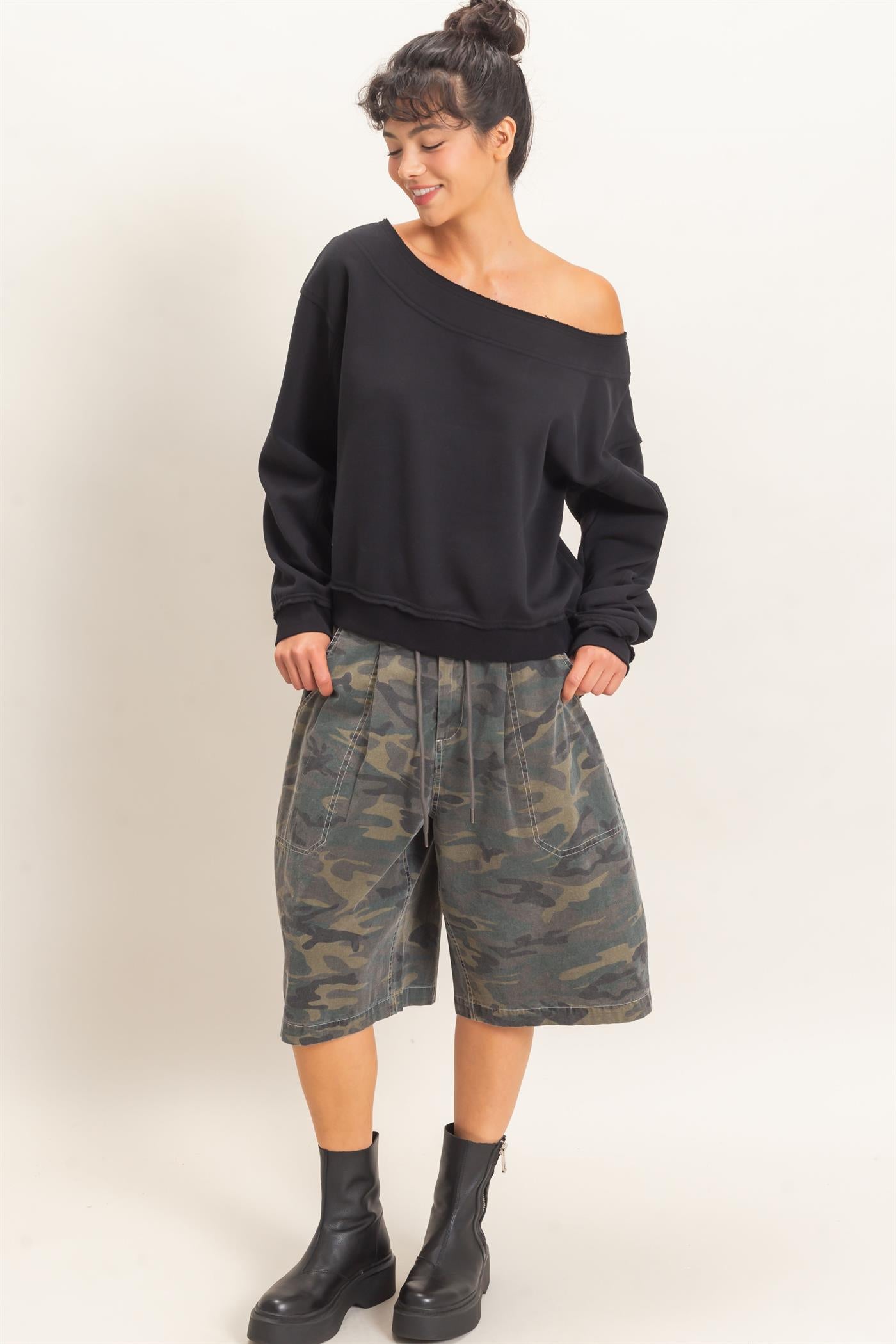 Wholesale Off Shoulder Sweatshirt Sweatshirts DZ26C880 BLACK DOUBLE ZERO