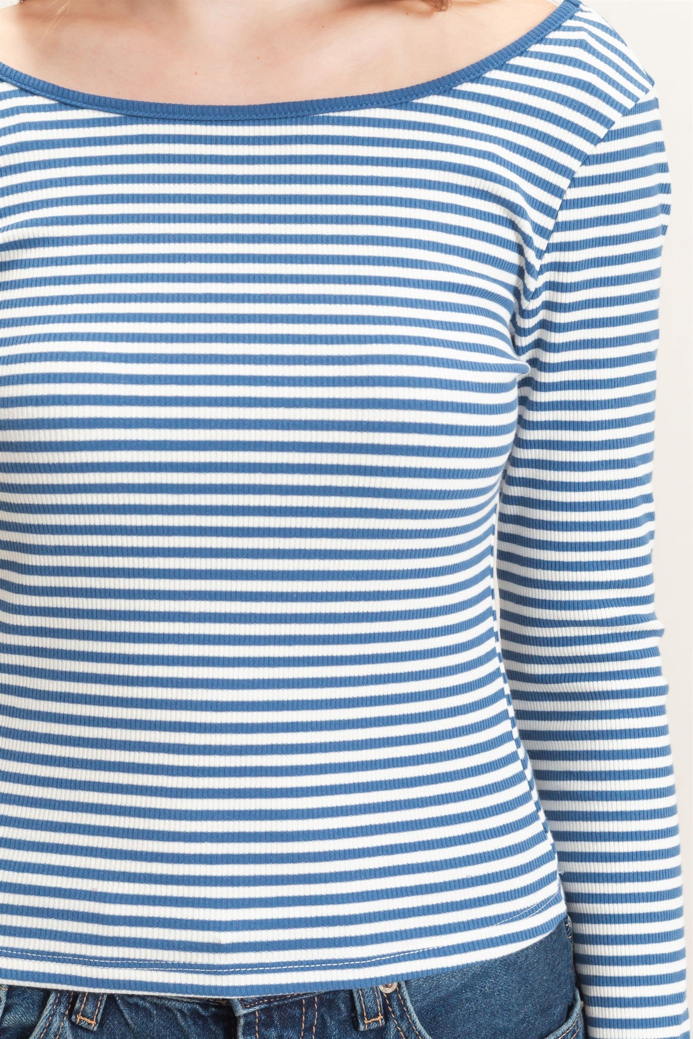 Wholesale Striped Boat Neck Long Sleeve Top Clothing Tops HF26F080 BLUE/WHITE HYFVE