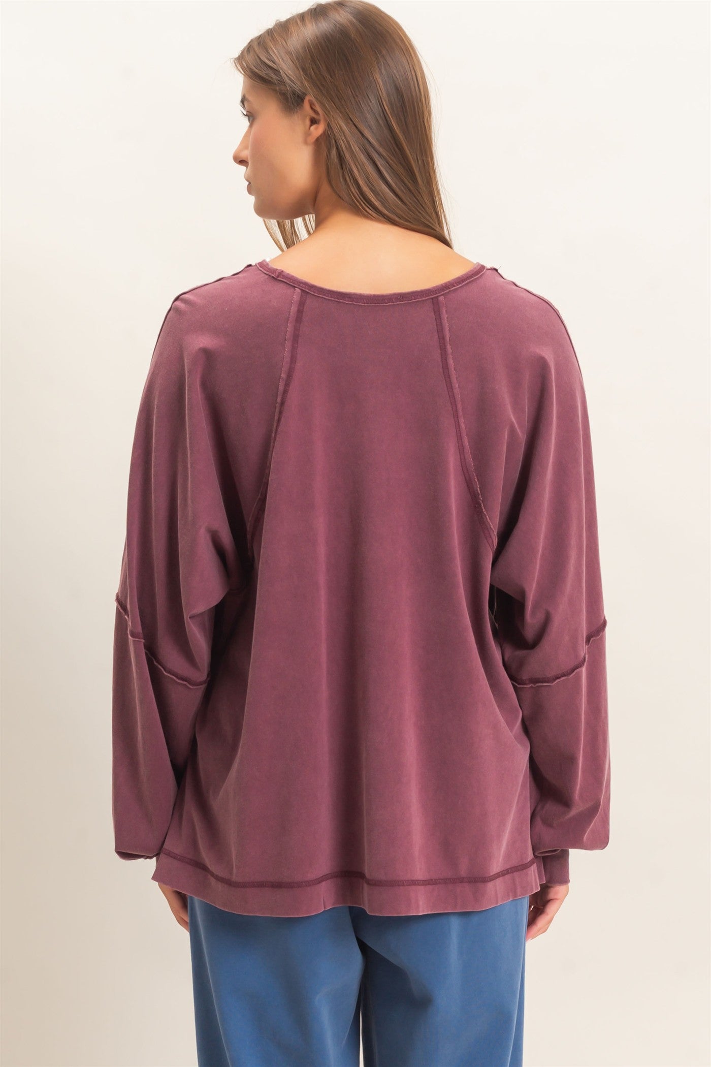 Wholesale Raglan Sleeve Snow Wash Top Shirts DZ26E945 DARK CHERRY DOUBLE ZERO